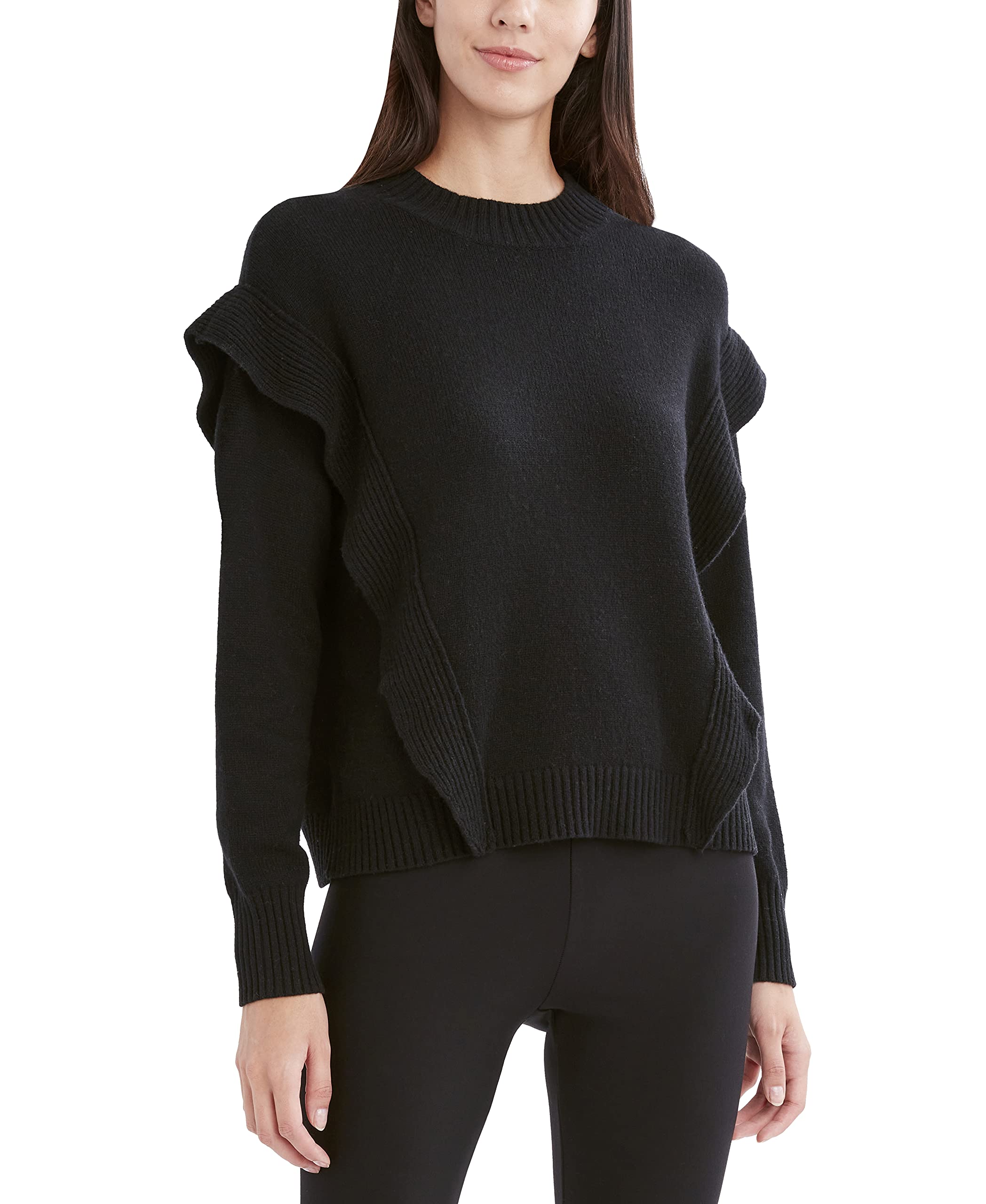 BCBGMAXAZRIA Women's Long Sleeve Ruffle Sweater - Soft Knit Pullover for Fall & Winter - Perfect for Office, Date Night & Holiday Parties