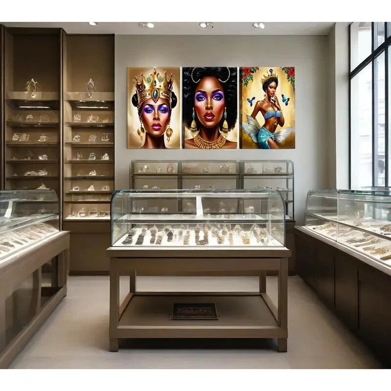 3-Piece Golden Black Girl Portrait Fashion Crown Metal Wall Art - Ready to Hang, Perfect for Bedroom, Living Room & Office Decor