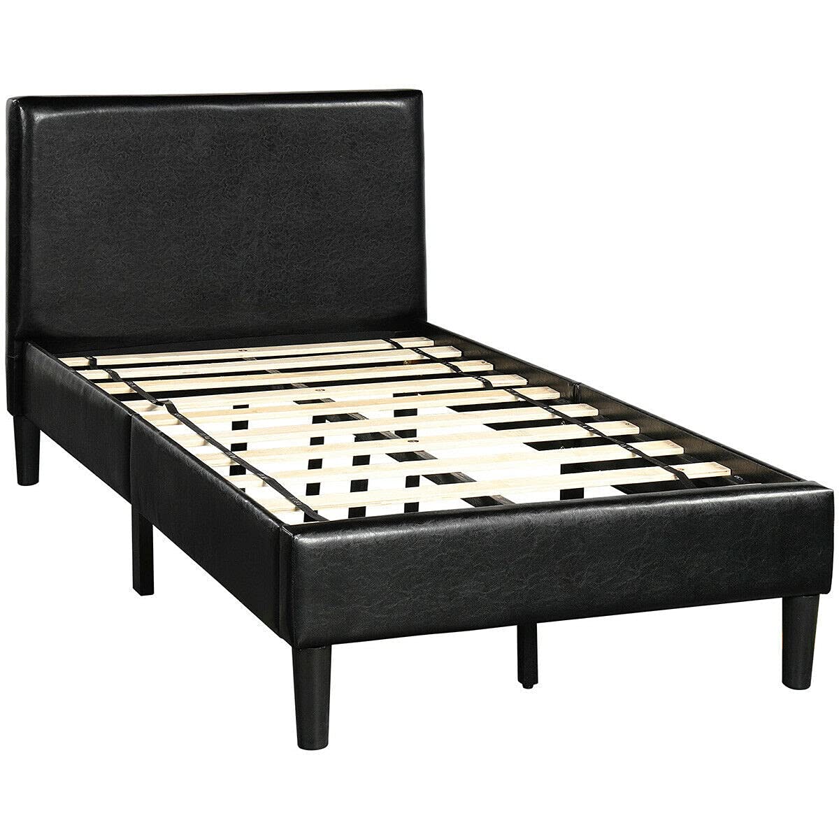 Twin Size Wood Bed Frame with PU Upholstered Platform & Sturdy Wood Slat Support - Modern Bedroom Furniture for Small Spaces, Guest Rooms & Dormitories