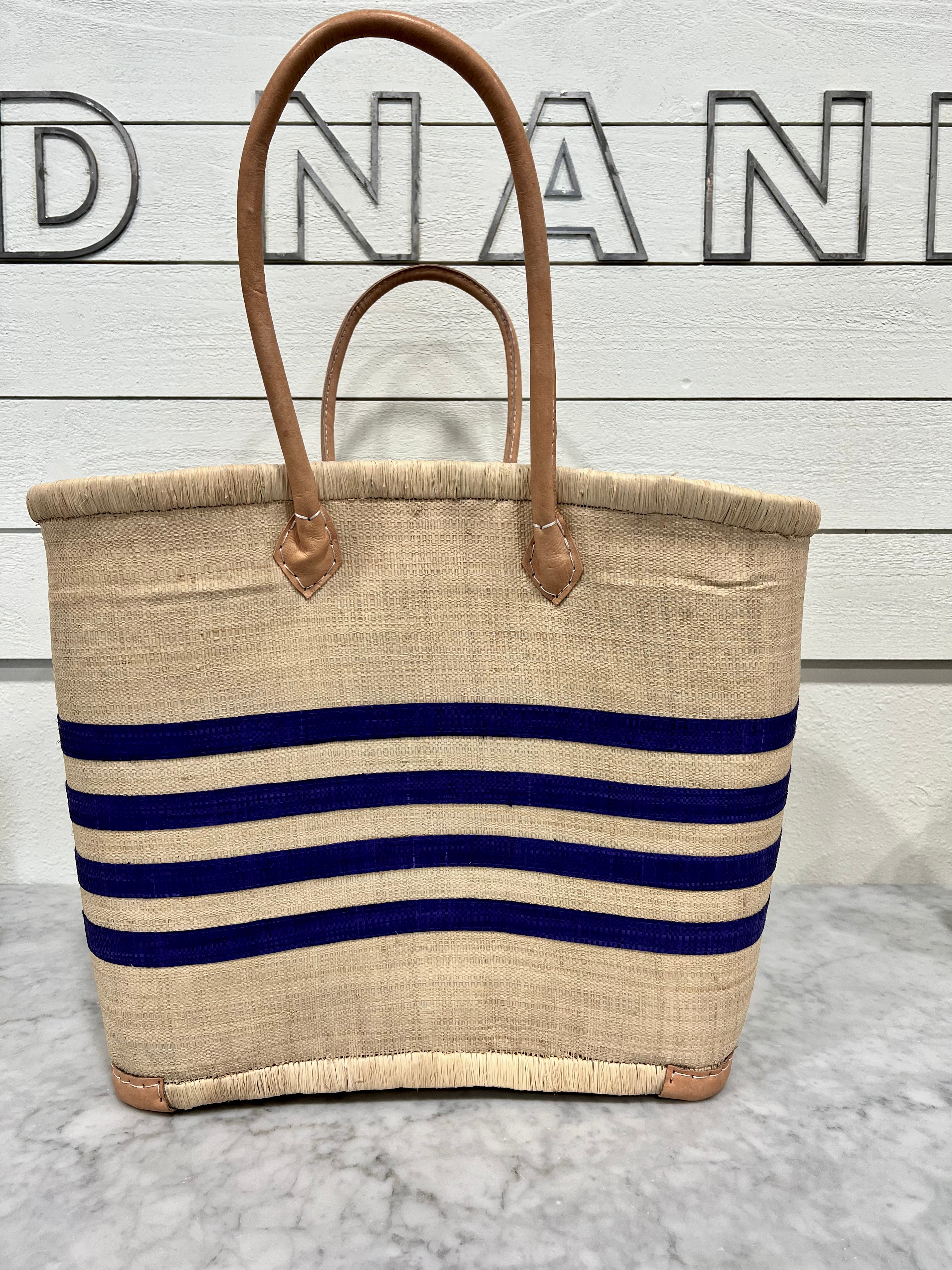 Navy Blue Striped Canvas Basket - Stylish Storage for Home, Office, or Picnic Organizer