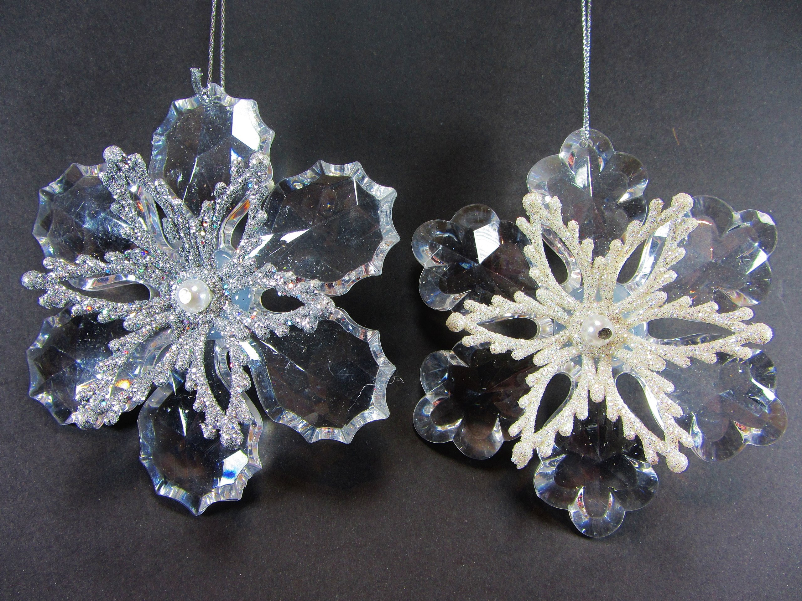 2 Pack Elegant Silver & White Poinsettia Hanging Christmas Ornaments - Perfect for Holiday Tree Decor, Fireplace Mantel & Festive Home Décor