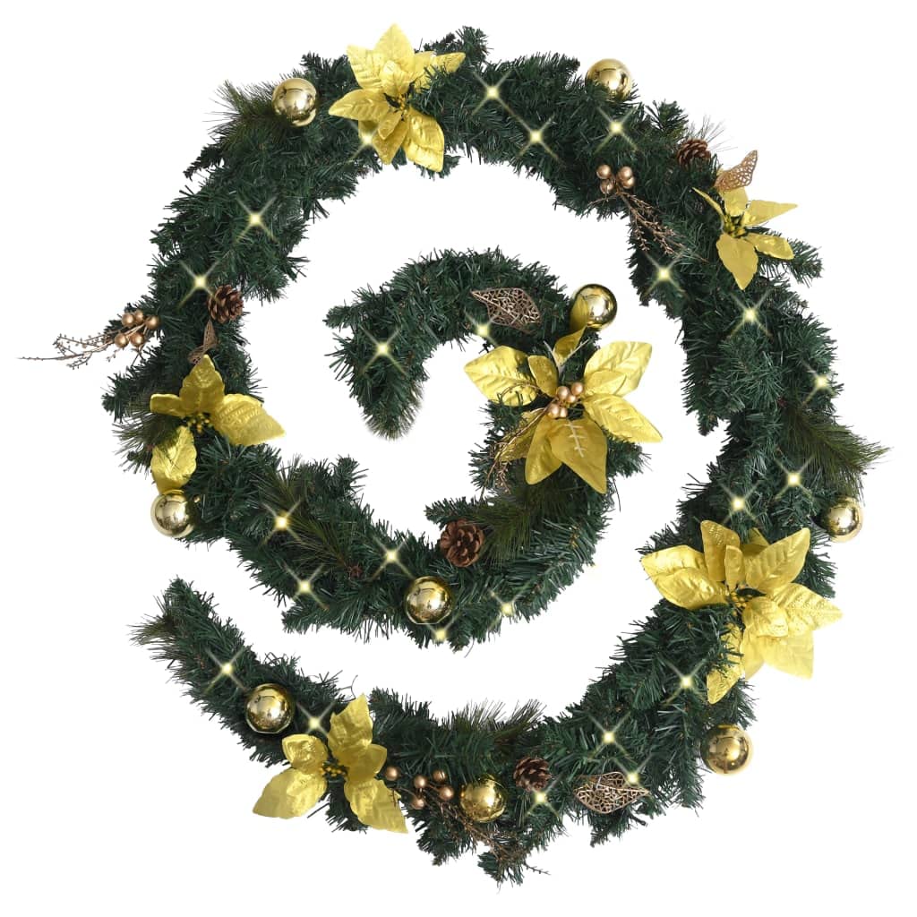 8.9' Green & Gold LED Christmas Garland - Reusable PVC Holiday Decor for Home, Tree, Mantel & Outdoor Use | Festive Xmas Hanging Ornaments
