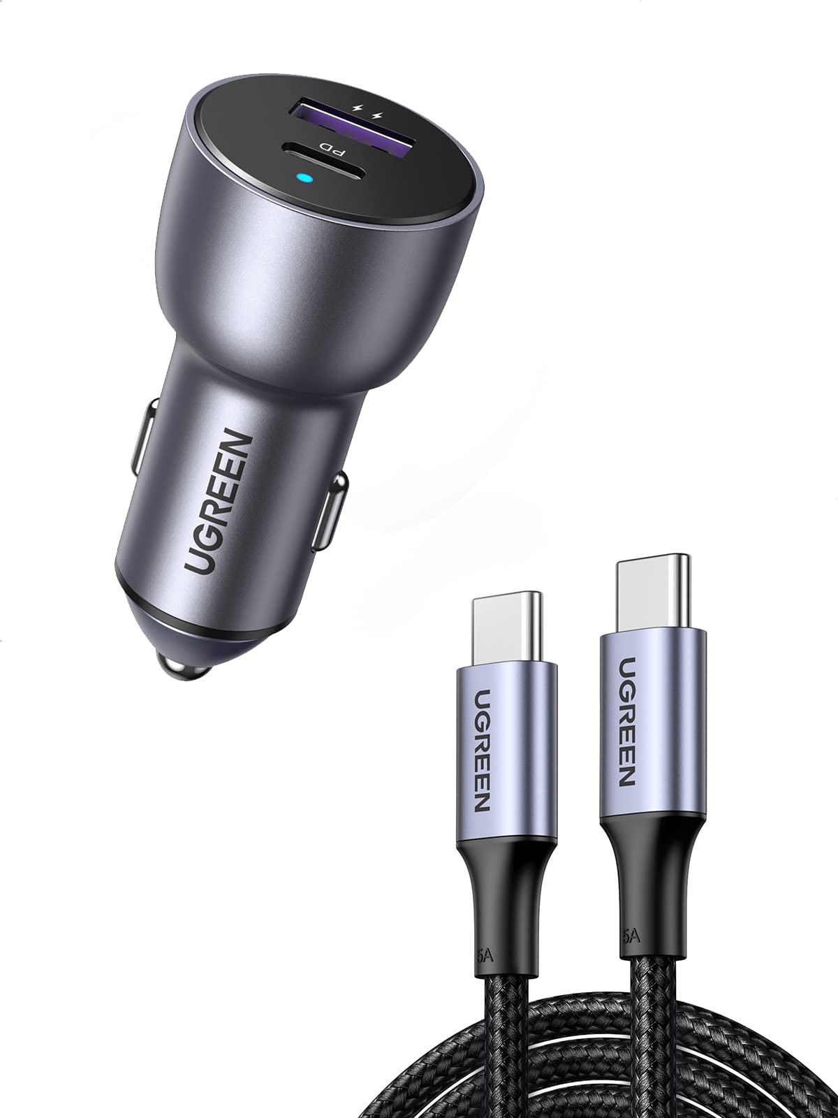 UGREEN 42.5W USB C Car Charger with 100W 6ft USB C to USB C Fast Charging Cable - Perfect for iPhone 15, Samsung Galaxy, iPad Pro & More - Fast Charging on the Go for Road Trips & Commuting