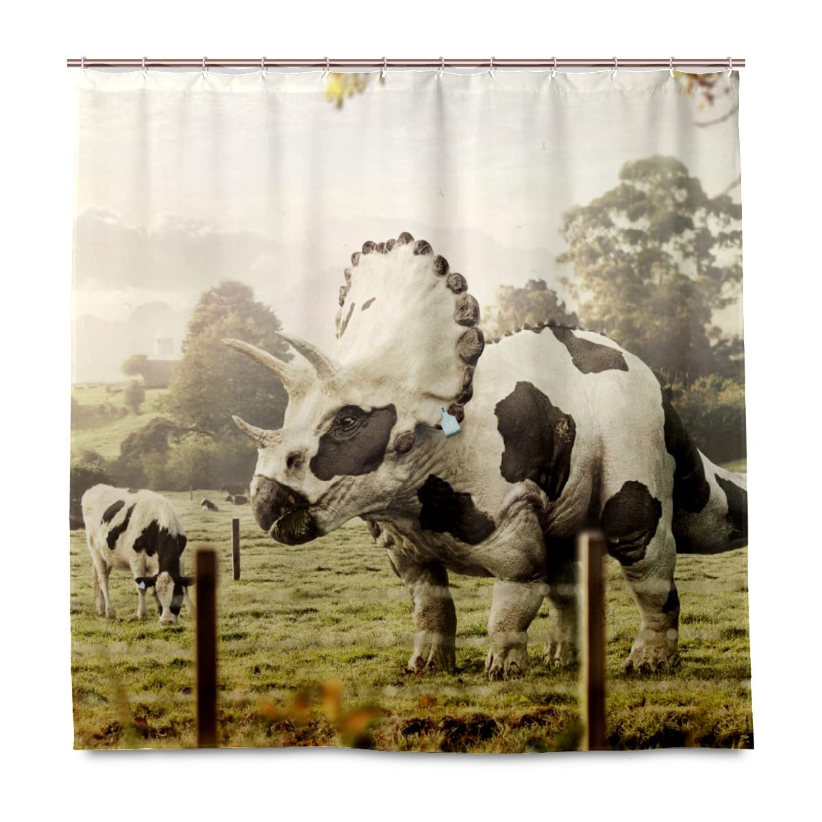 Dinosaur & Cow Print Waterproof Shower Curtain Set - 72 x 72 Inch Bathroom Decor with 12 Rust-Resistant Hooks | Fun Kids' Bath Time & Themed Nursery Decor