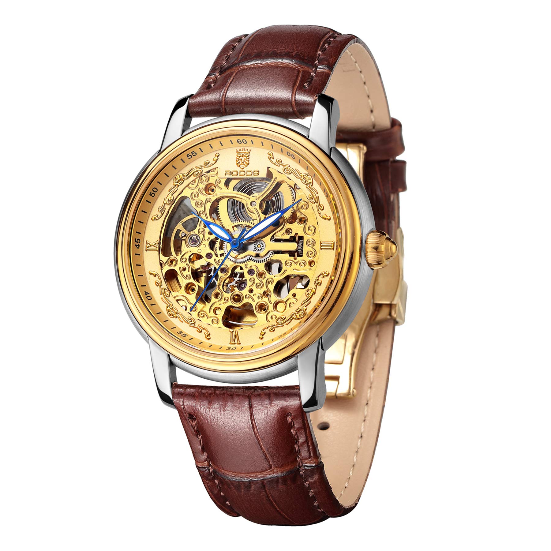 Luxury Automatic Skeleton Men's Watch - Gold Dial, Brown Leather Strap, Luminous Hands, Waterproof - Perfect Business & Formal Wear Gift for Men (Model R0142) | Ideal for Office, Meetings, Weddings & Special Occasions