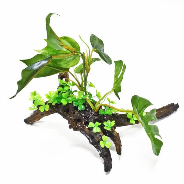 Aquatop Natural Resin Driftwood Decor with Broad Leaf Plastic Plants & Clover for Aquarium - Perfect for Fish Tank, Reptile Habitat & Terrarium Decoration