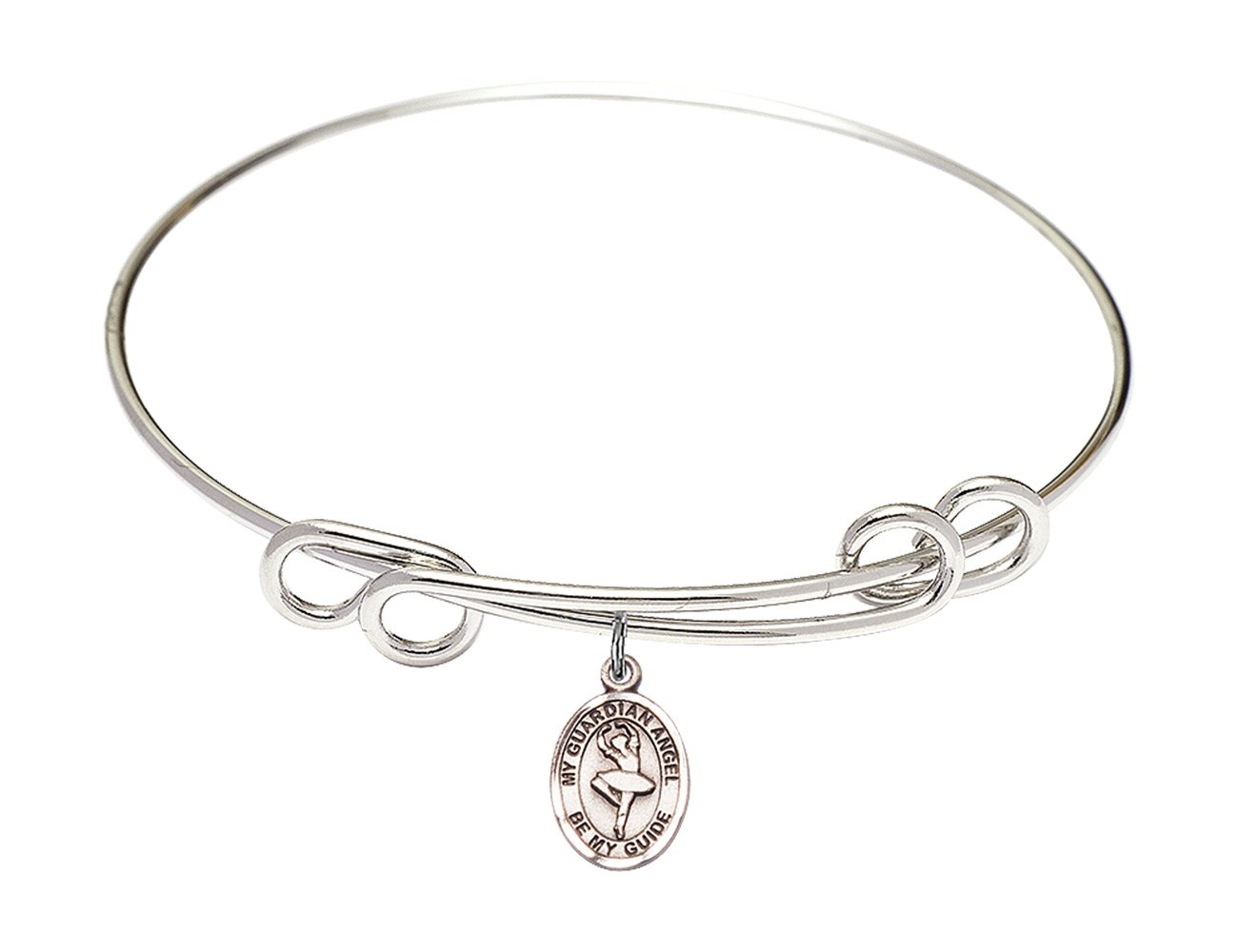 Sterling Silver Round Double Loop Bangle Bracelet with Guardian Angel & Dance Charm - Perfect for Gifts, Everyday Wear & Special Occasions
