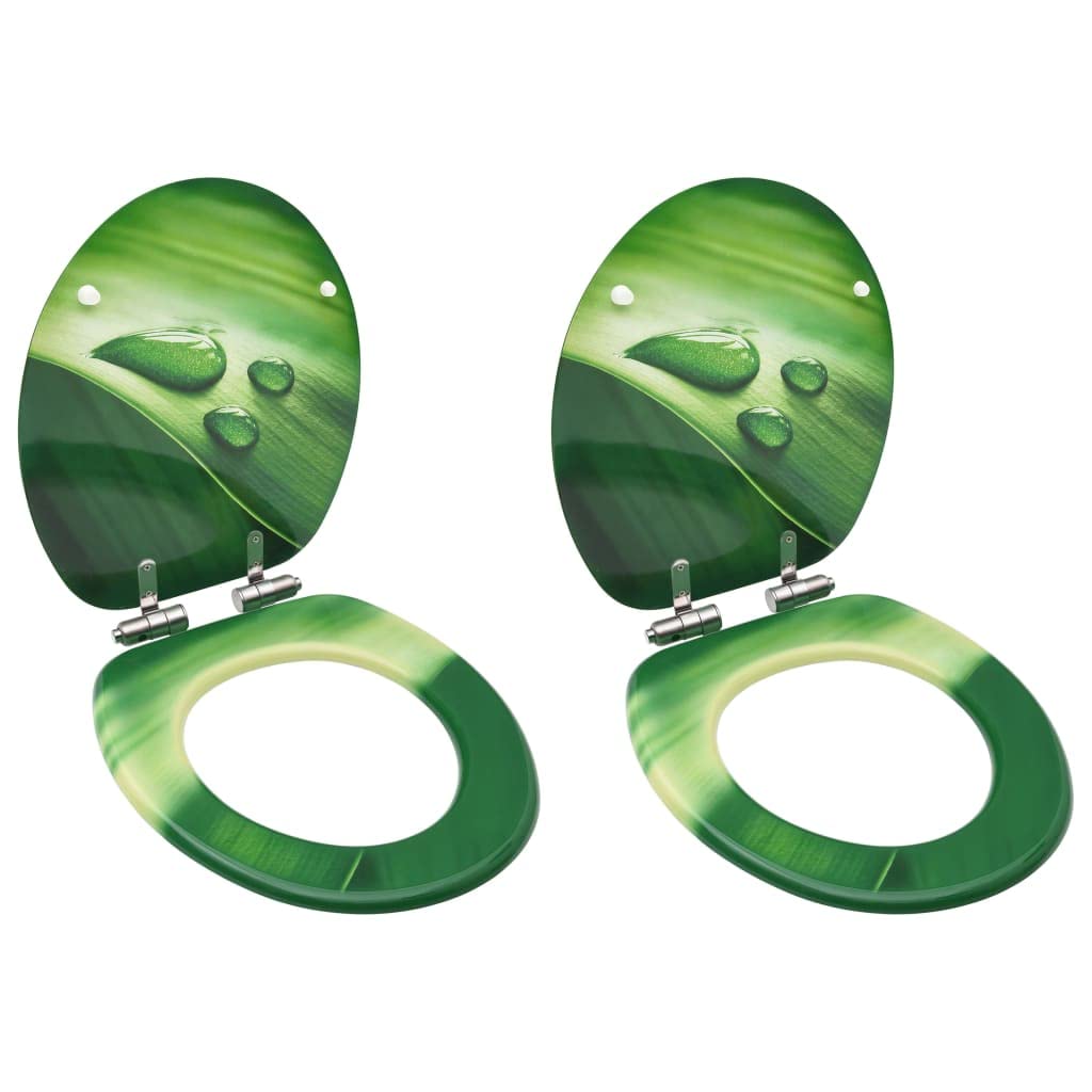 Soft Close Toilet Seat Cover with Lid - 2 Pack, Water Drop Green MDF Design - Perfect for Bathroom Upgrade & Home Renovation