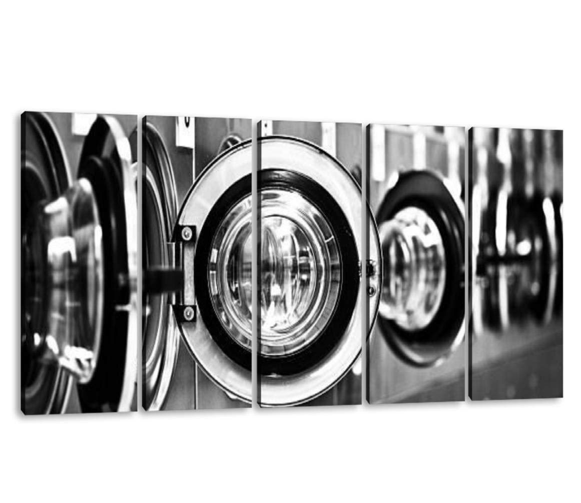 KiiAmy 5-Panel Black and White Modern Canvas Art - High Contrast Washing Machine Row Open Doors Wall Decor - Framed Painting Ready to Hang (60''W x 32''H) - Perfect for Office, Bedroom & Home Decor - Ideal for Contemporary Spaces & Art Lovers