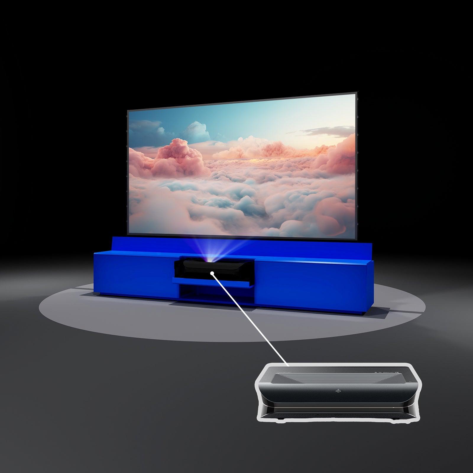 VIVIDSTORM Ultra HD Laser Projector Bundle with Motorized Screen & Hidden TV Cabinet - 4K Home Theater System for Living Room & Movie Nights