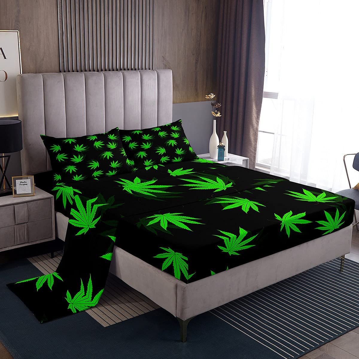 **Premium Cannabis Leaf Bed Sheet Set - Full Size with Fitted Sheet, Top Sheet & 2 Pillowcases - Exotic Trippy Weed Leaf Design for Kids, Teens & Adults - Deep Pocket Green Botanical Bedding for Home, Dorm or Gift**