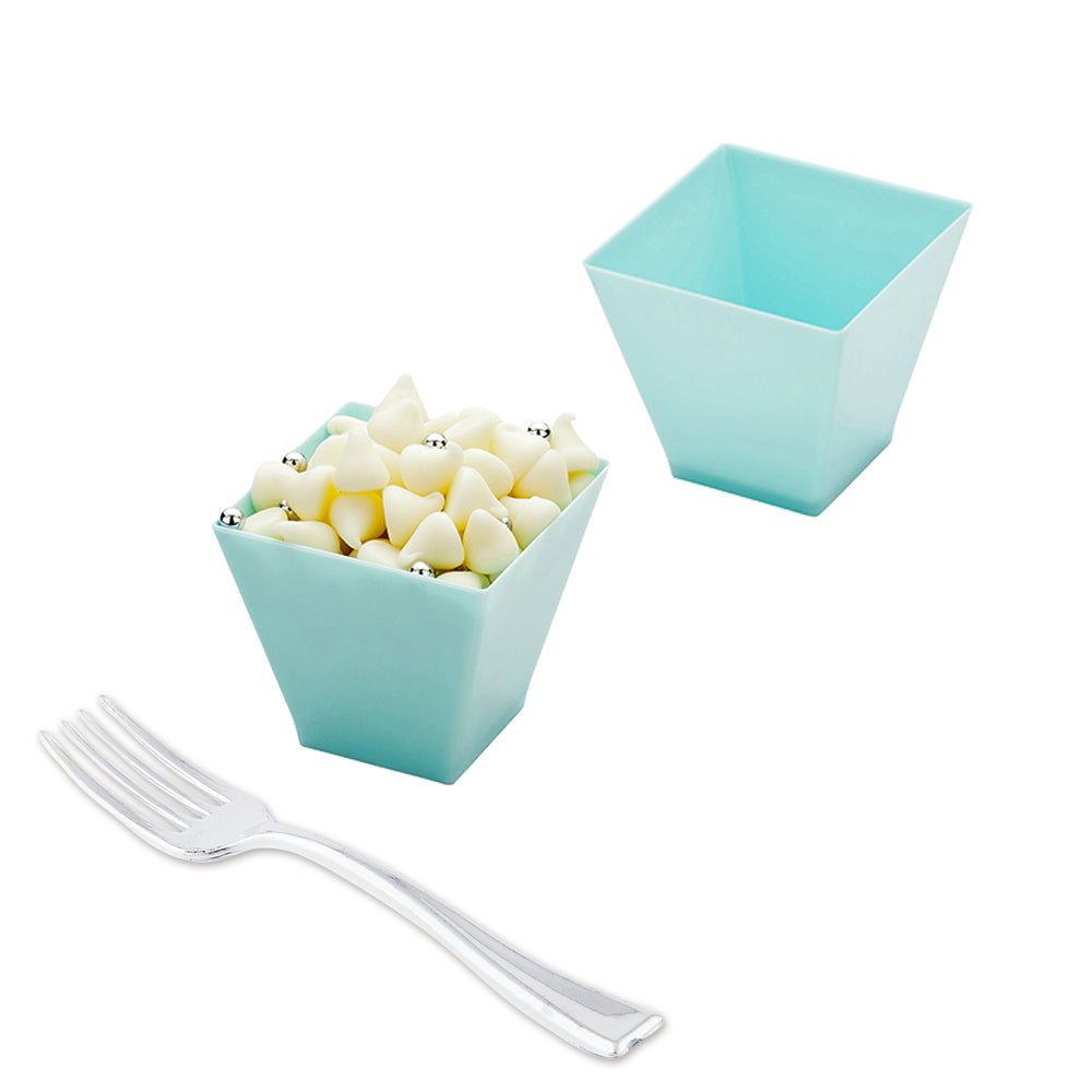 100-Pack 2 oz Square Baby Blue Plastic Mini Kova Cups & 100 Silver Plastic Mini Forks - Perfect for Baby Showers, Birthday Parties, and Wedding Favors