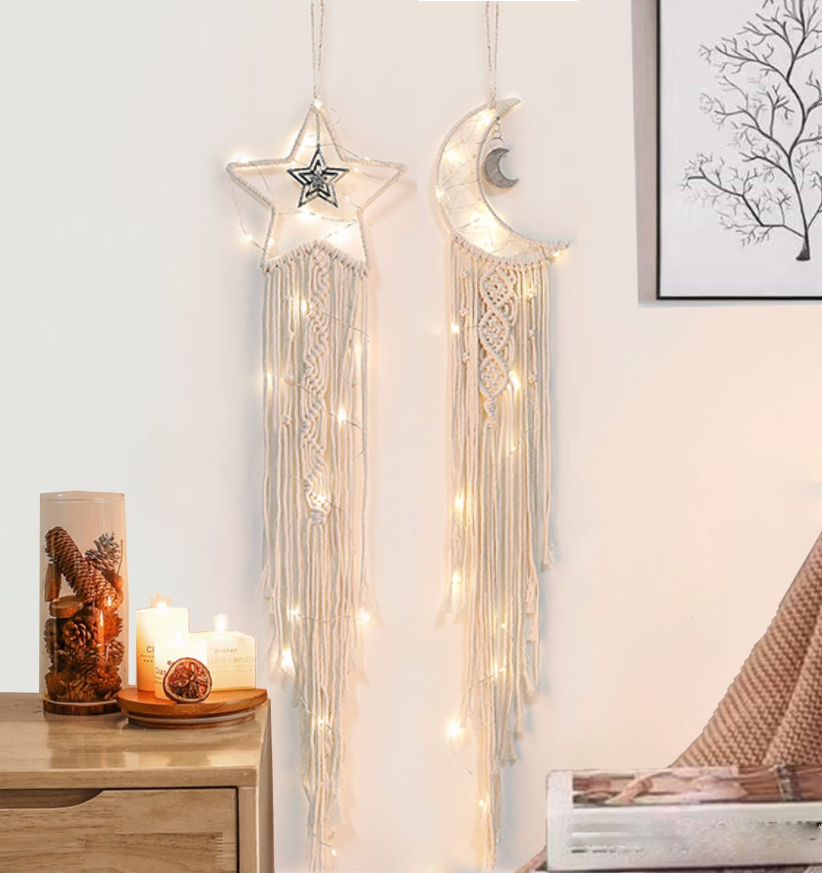 Star Moon Dream Catcher with LED Lights - Handmade Macrame Wall Hanging for Bedroom, Boho Home Decor for Girls, Teens & Adults | Perfect for Nursery, Dorm Room & Meditation Space