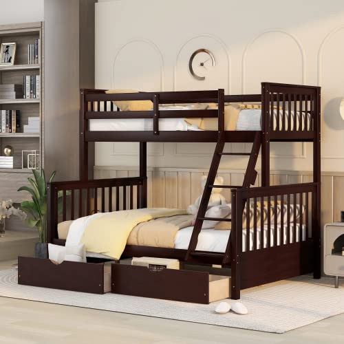 SOFTSEA Twin Over Full Bunk Bed with Ladder & 2 Storage Drawers - Sturdy Wooden Loft Bed Frame for Kids & Teens - Space-Saving Bedroom Furniture (Espresso) - Perfect for Small Rooms, Shared Kids' Bedrooms & Sleepovers