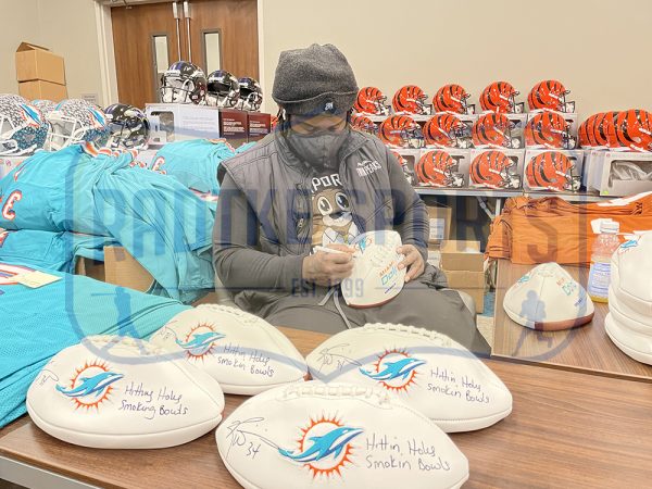 Authentic Ricky Williams Signed Miami Dolphins Embroidered White NFL Football with 'Hitting Holes Smoking Bowls' Inscription - Collectible Sports Memorabilia for Fans & Display