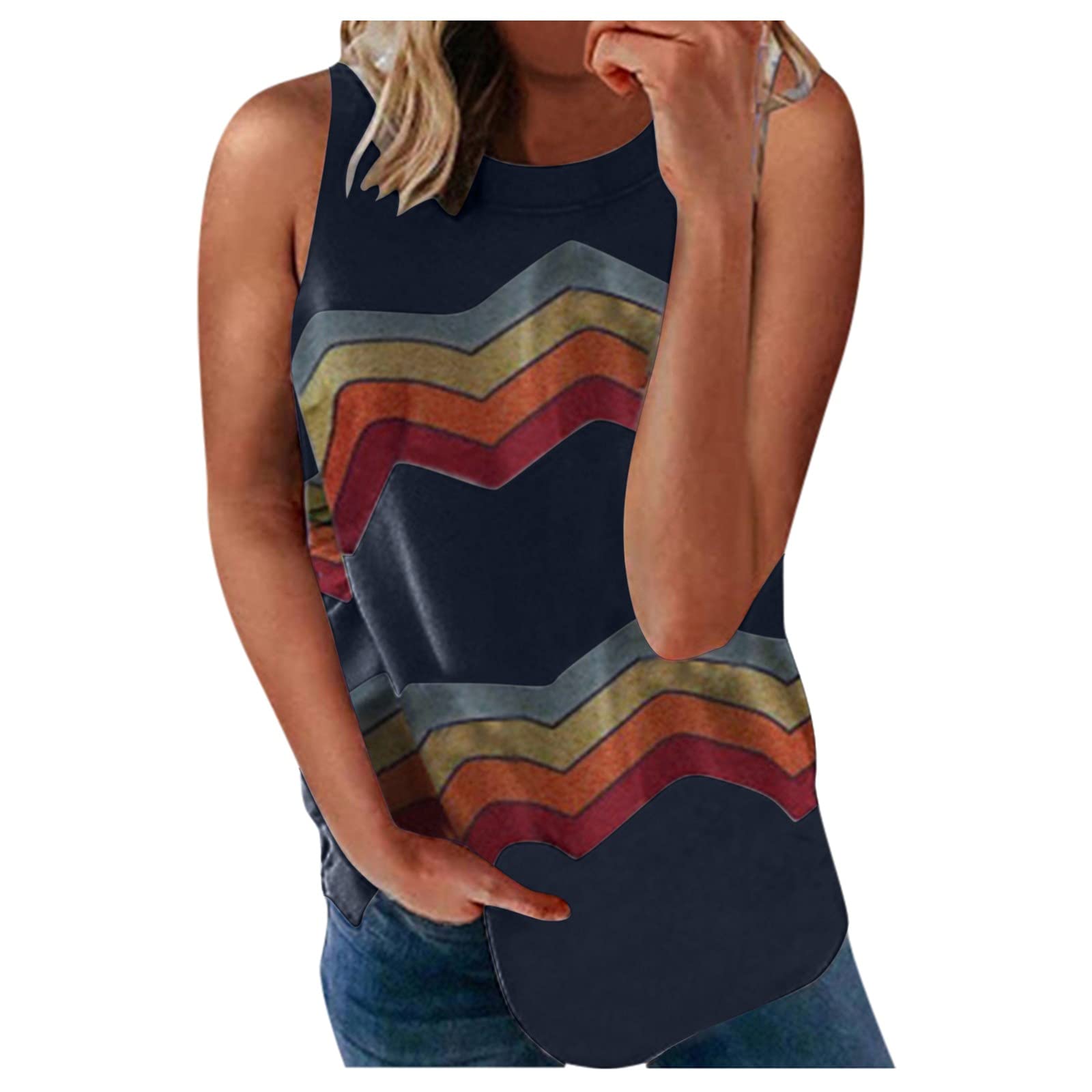 KAMEMIR Women's Summer Casual Print Tank Tops - Crew Neck Cami Shirts & Blouses for Beach, Travel and Everyday Wear
