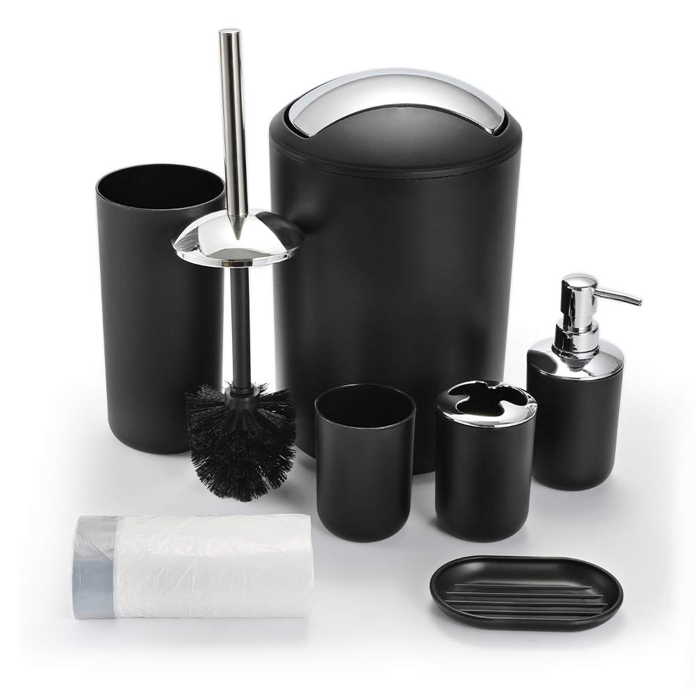 6-Piece Plastic Bathroom Accessory Set - Toilet Brush Holder, Soap Dispenser, Toothbrush Holder, Soap Dish, Tooth Mug & Trash Can with Drawstring Bags (Black) | Modern Bathroom Organization for Home, Apartment & Dorm