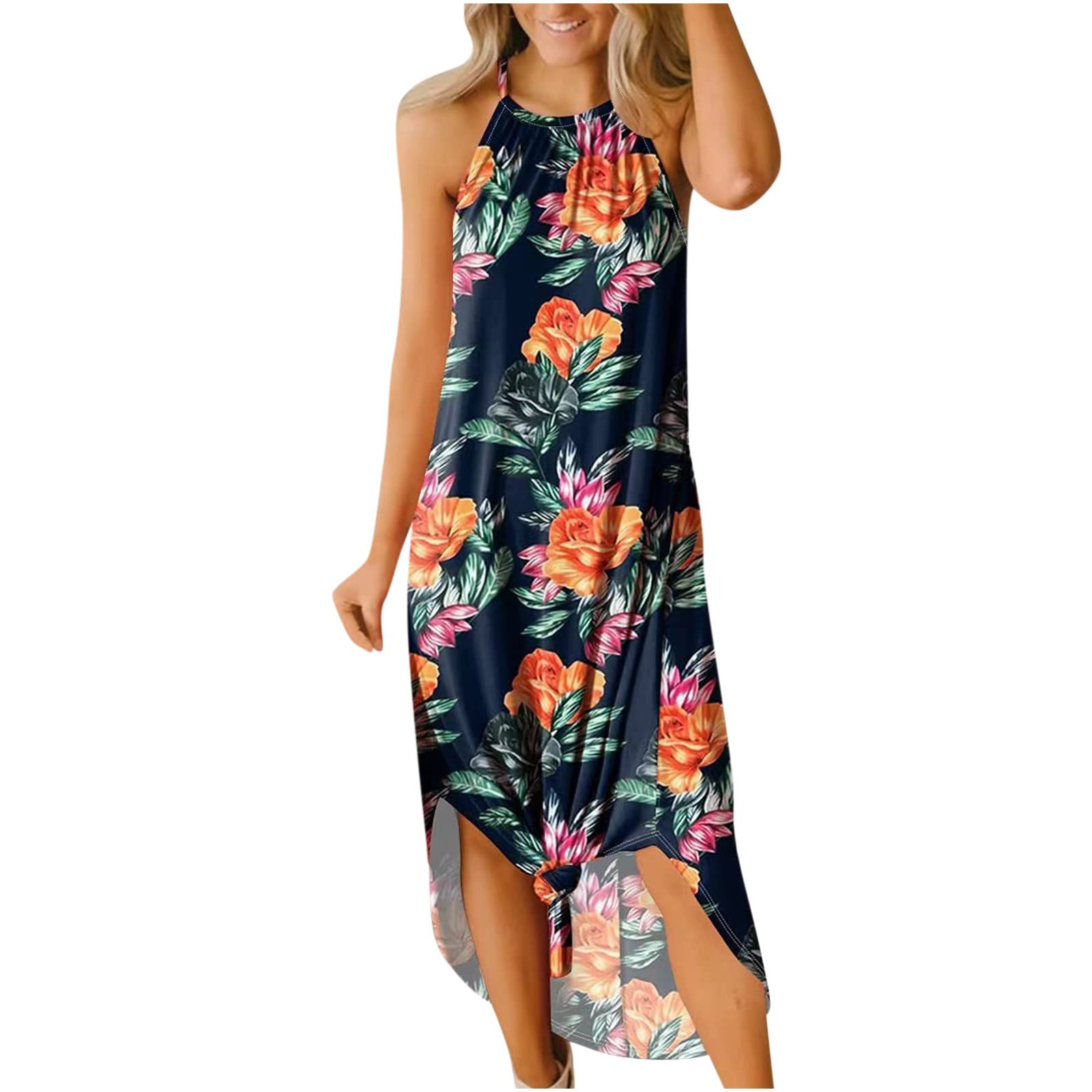 2022 Summer Floral Maxi Dresses for Women - Casual Loose Flowy Sexy Round Neck Sleeveless Ankle Length Camisole Dress | Perfect for Beach Vacations, Date Nights & Summer Parties