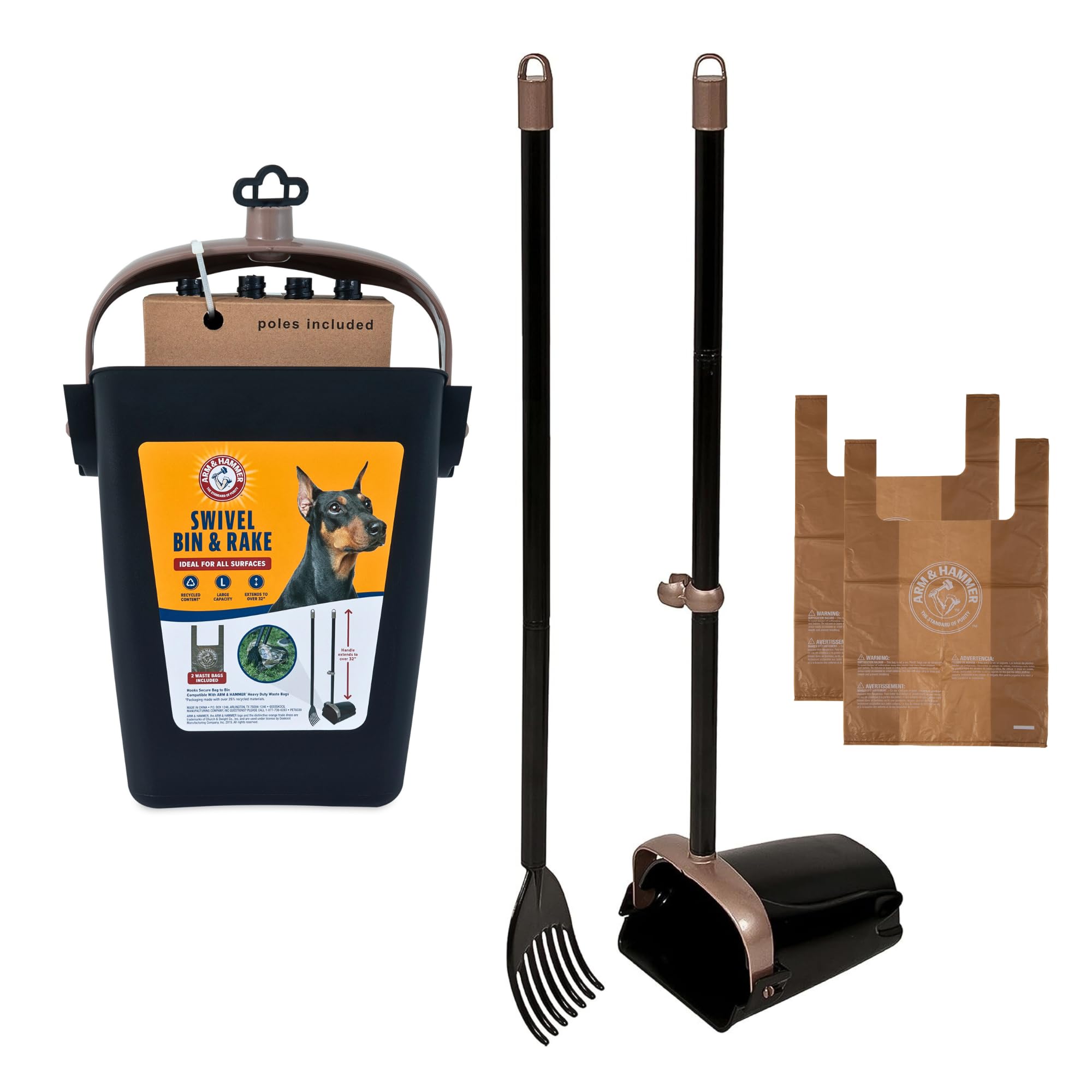 Arm & Hammer Heavy Duty Dog Pooper Scooper with Swivel Bin & Rake - Includes 2 Scented Waste Bags - Black - Ideal for Backyard, Park & Dog Walking Cleanup