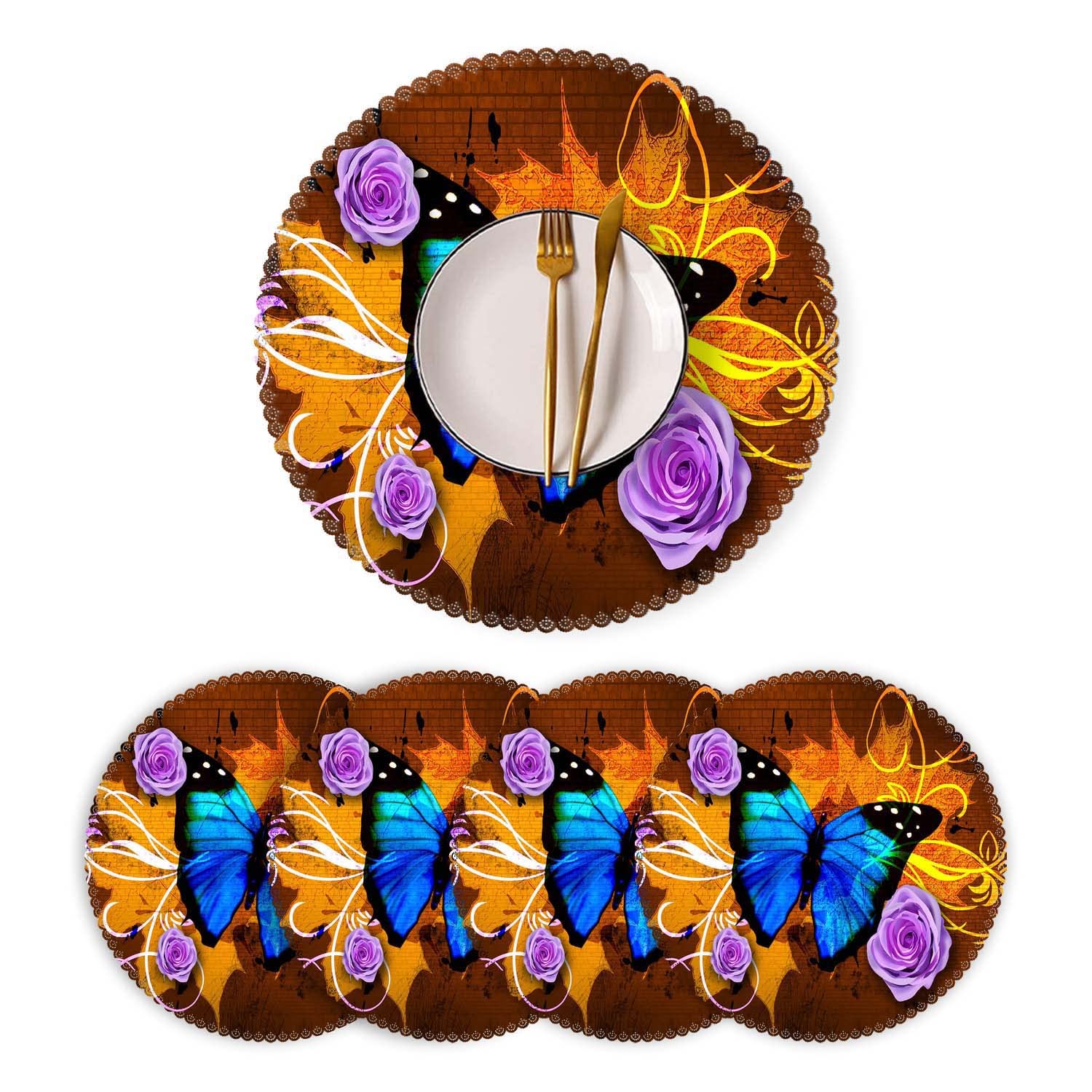 Round Washable Polyester Placemats Set of 4 - Heat Resistant Kitchen Table Mats for Dining & Home Decor with Blue Butterfly Design | Perfect for Everyday Meals, Dinner Parties, and Table Setting Decorations