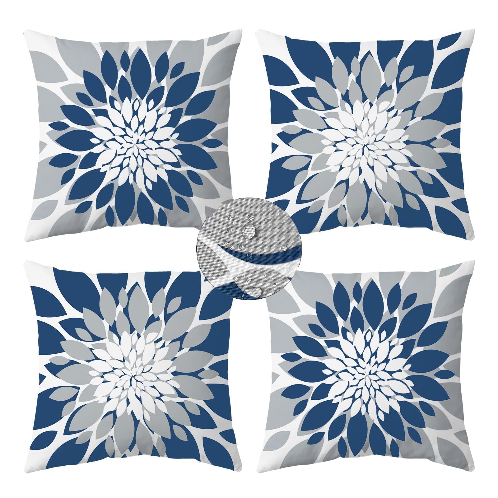 Qahing 4-Pack Waterproof Outdoor Pillow Covers 20x20 - Decorative Square Cushion Cases for Patio Furniture, Garden, Couch, Bench & Tent - Sunbrella Fabric in Blue Grey - Perfect for Backyard, Poolside & Camping