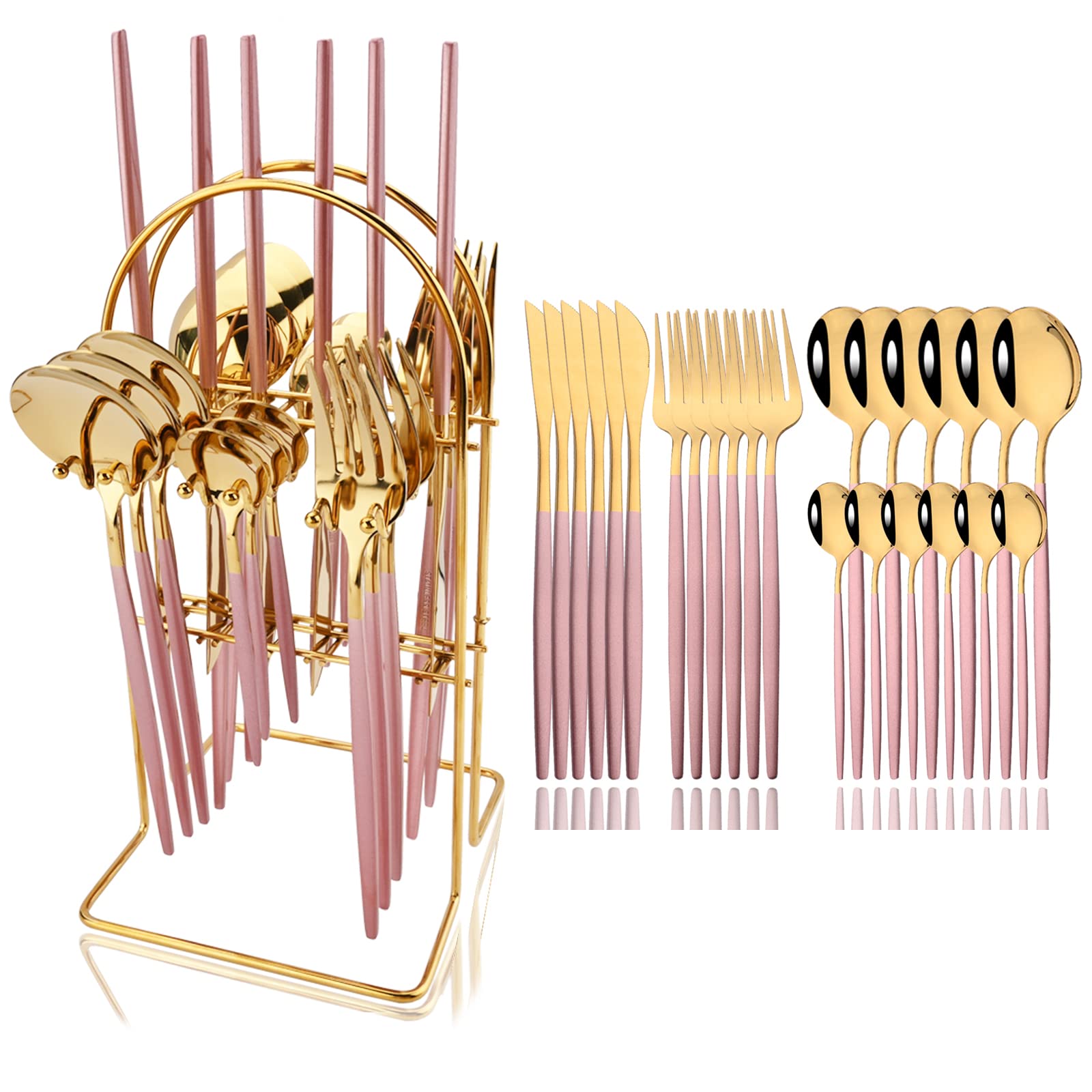 JASHII 24-Piece Stainless Steel Flatware Set - Pink & Gold Plated Forks & Spoons with Stand, Mirror Polished Cutlery Set for 6, Elegant Dining Tableware | Perfect for Wedding Gifts, Dinner Parties & Home Decor