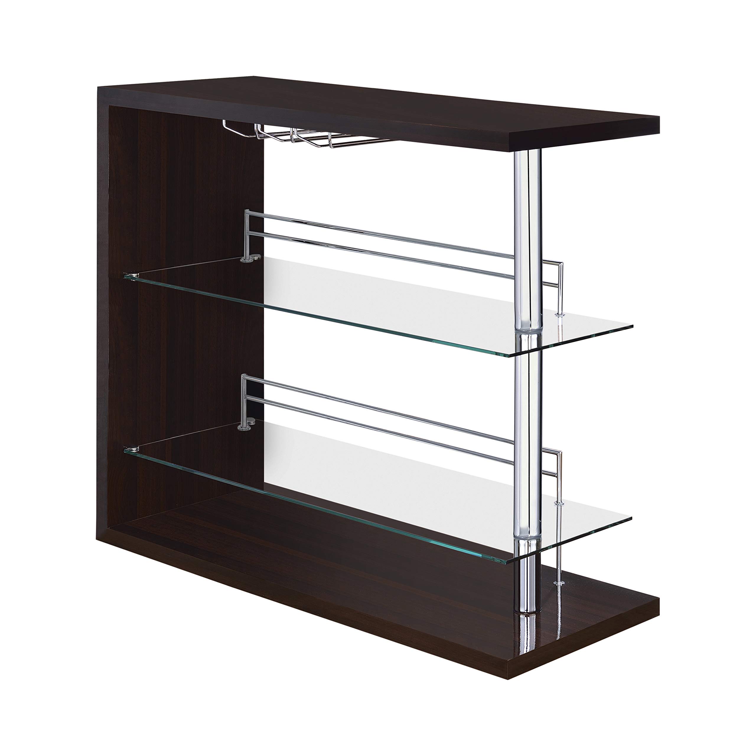 Contemporary 2-Shelf Home Bar Table with Wine Storage - Clear Tempered Glass Shelves & Cappuccino High Gloss Chrome Finish | Perfect for Living Room, Dining Room, or Home Bar Decor | Coaster Furniture Model 100166