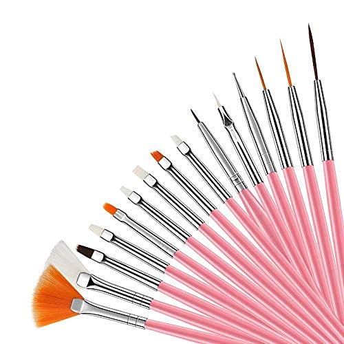 MASTADI 15 Pcs Professional Nail Art Brush Set - UV Gel & Acrylic Nail Design Tools with Polish Applicators (Pink) | Perfect for Salon, Home Manicures & Nail Art Creations
