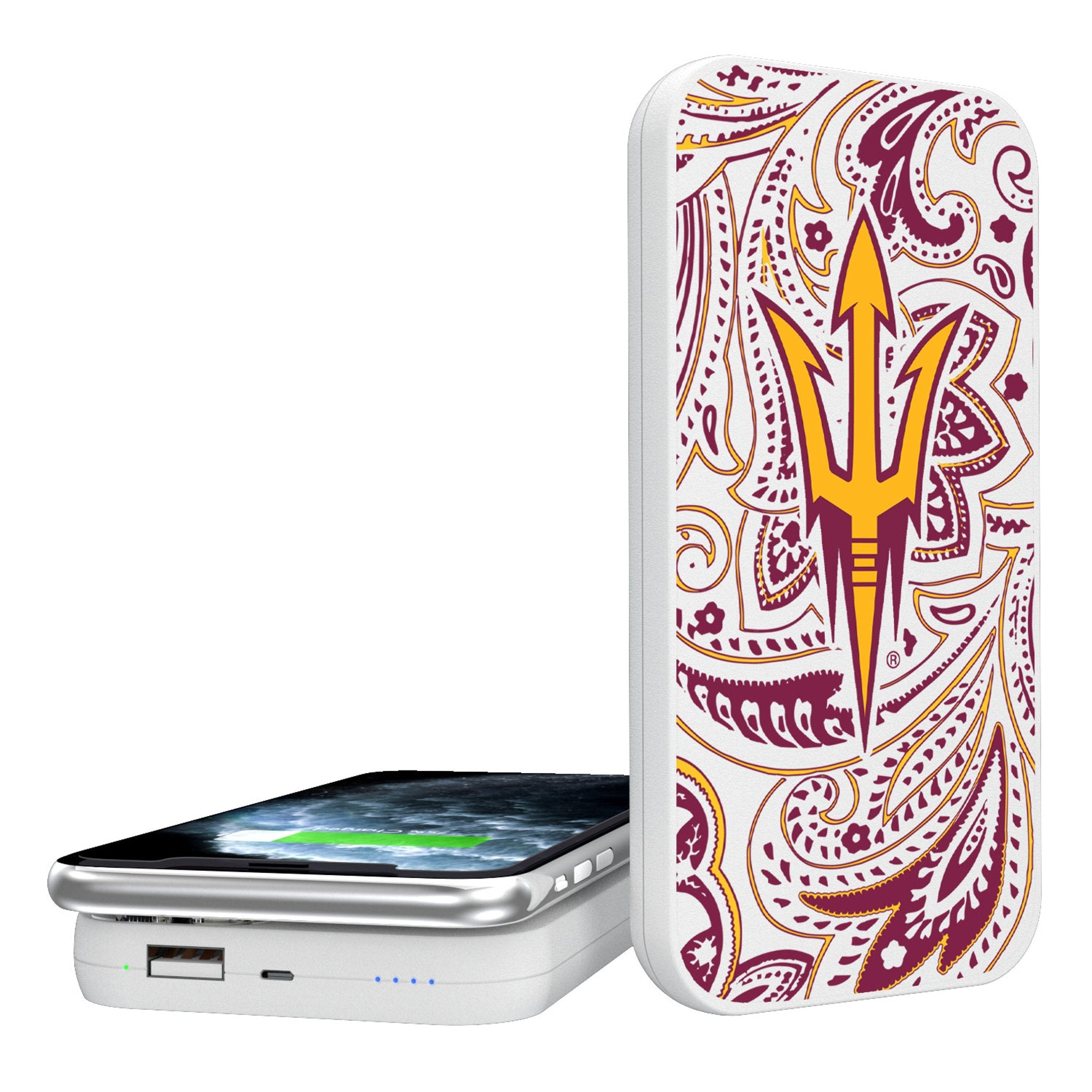 Arizona State University Sun Devils Paisley 5000mAh Portable Wireless Charger Power Bank - Fast Charging for iPhone, Samsung, AirPods - Perfect for Travel, Campus, and Game Day