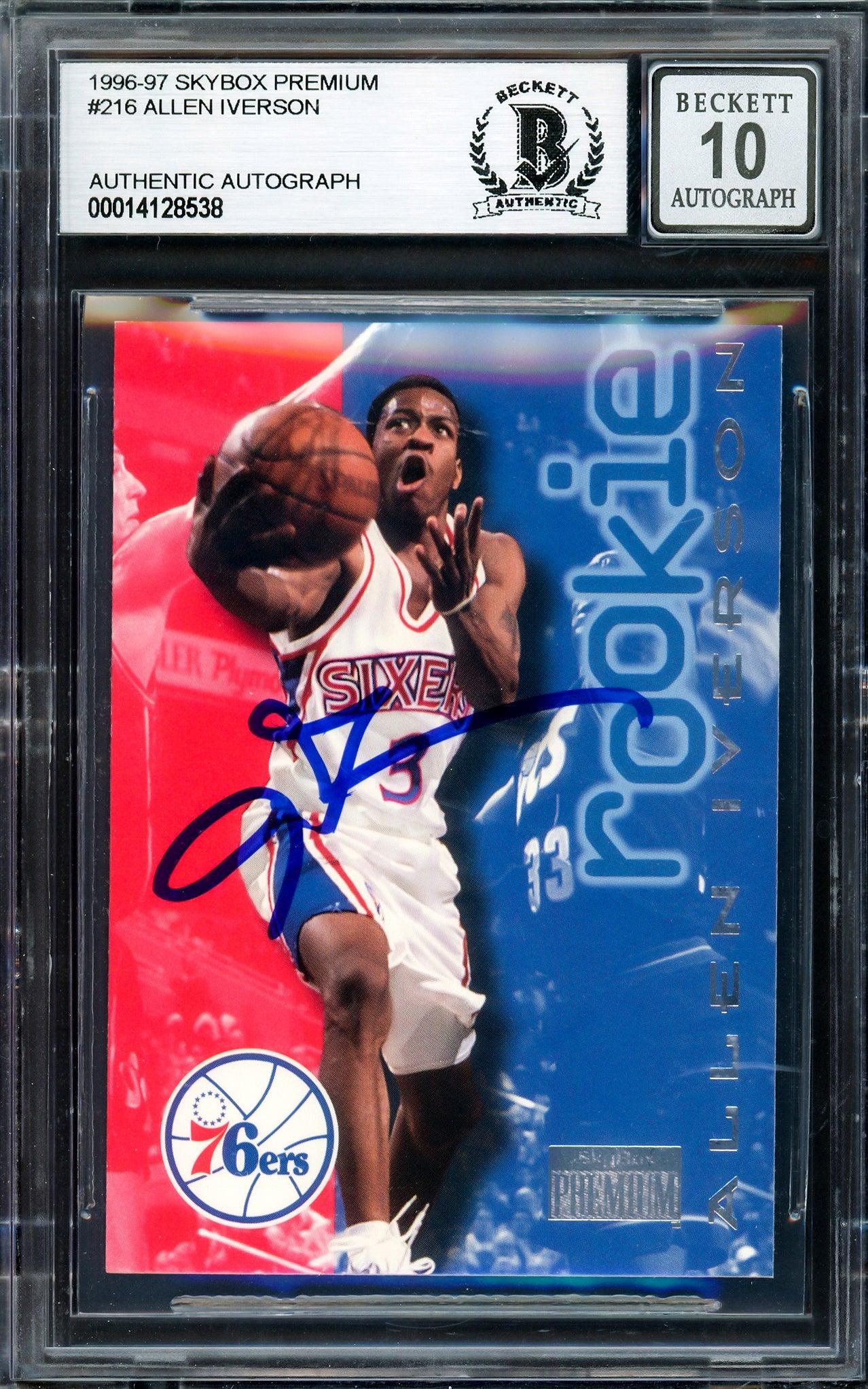Allen Iverson Autographed 1996-97 Skybox Premium Rookie Card #216 Philadelphia 76ers - Beckett BAS Gem Mint 10 Grade - Stock #205771 - Perfect for NBA Memorabilia Collectors & Sports Fans Display