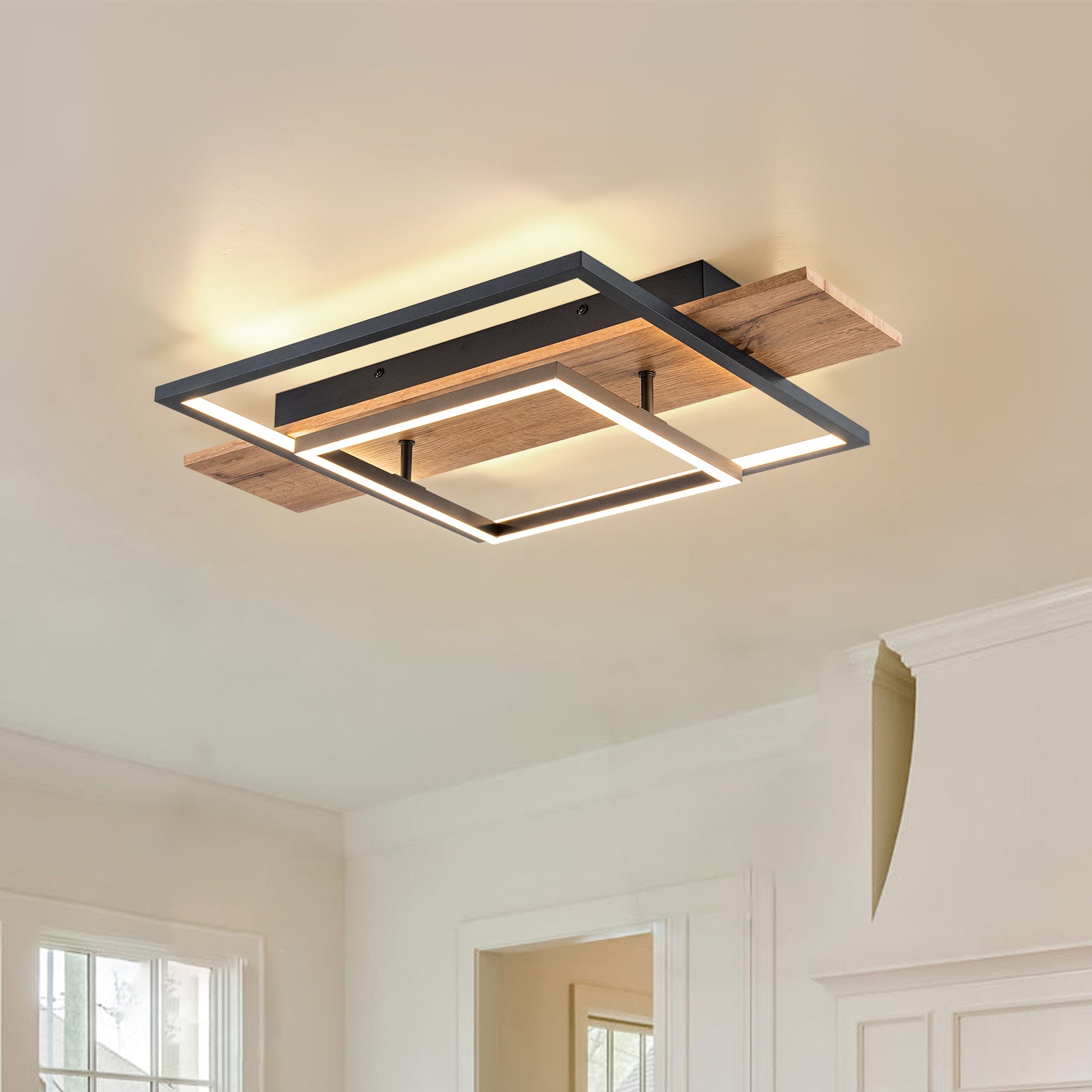 Glowlings Farmhouse 2-Light Square Wood LED Flush Mount Ceiling Light - Rustic Modern Lighting for Kitchen, Dining Room, Bedroom & Hallway