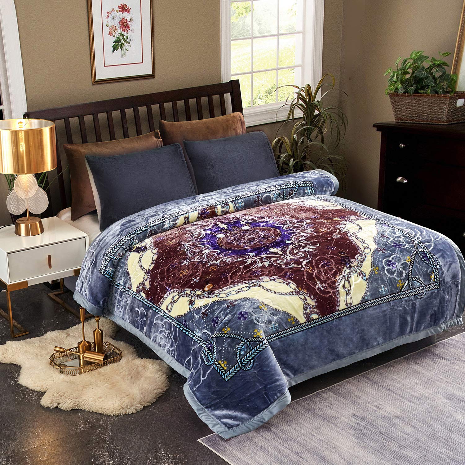 JML Plush Raschel Blanket - Ultra Soft Korean Mink Fleece Blanket, 2-Ply Printed Design, Navy Blue King Size - Perfect for Bedroom, Sofa & Gift Giving