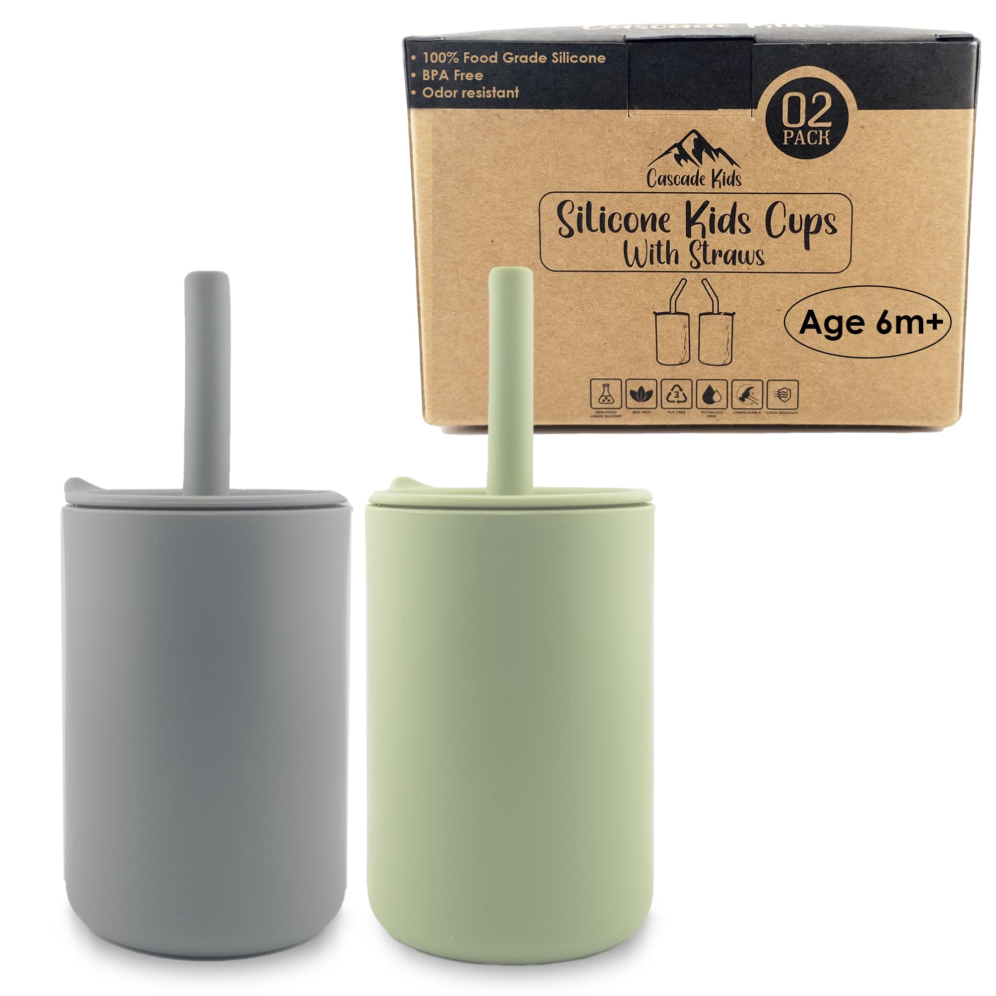 BPA-Free Silicone Toddler Cups with Straws - Unbreakable 6oz Baby Training Cups for Less Mess (4-Pack, Green/Grey) - Ideal for Smoothies, Juices & On-the-Go Snacks for Babies 6+ Months