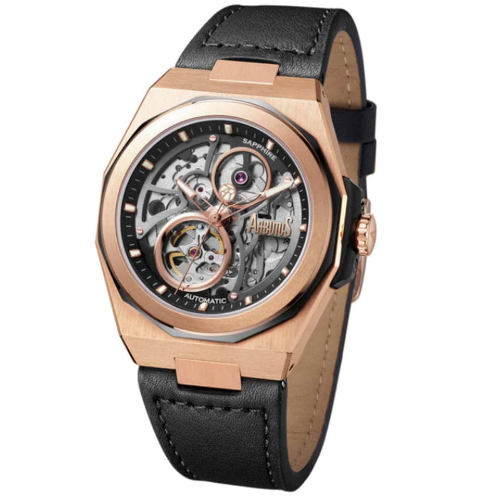 Arbutus AR2203RBB Automatic Men's Watch - Black Leather Strap, Classic Wall Street Style for Business & Formal Occasions