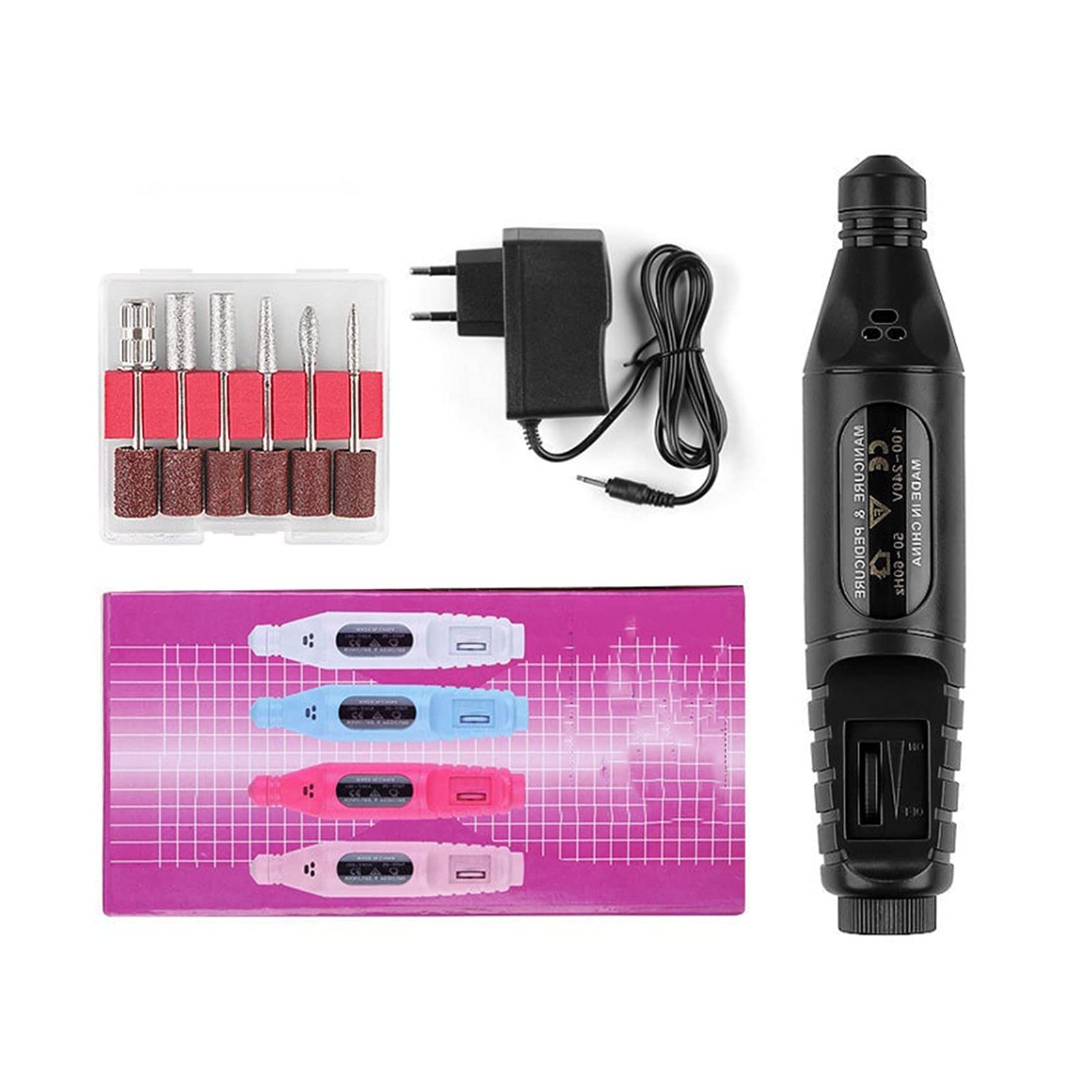 Hohagb Professional Electric Nail Drill Machine Kit - 5 Color Options, 6 Pc Nail Drill Bits, Portable Manicure & Pedicure Pen Polisher for Salon & Home Nail Care (Black) - Perfect for DIY Nail Art, Acrylics & Gel Polish Removal