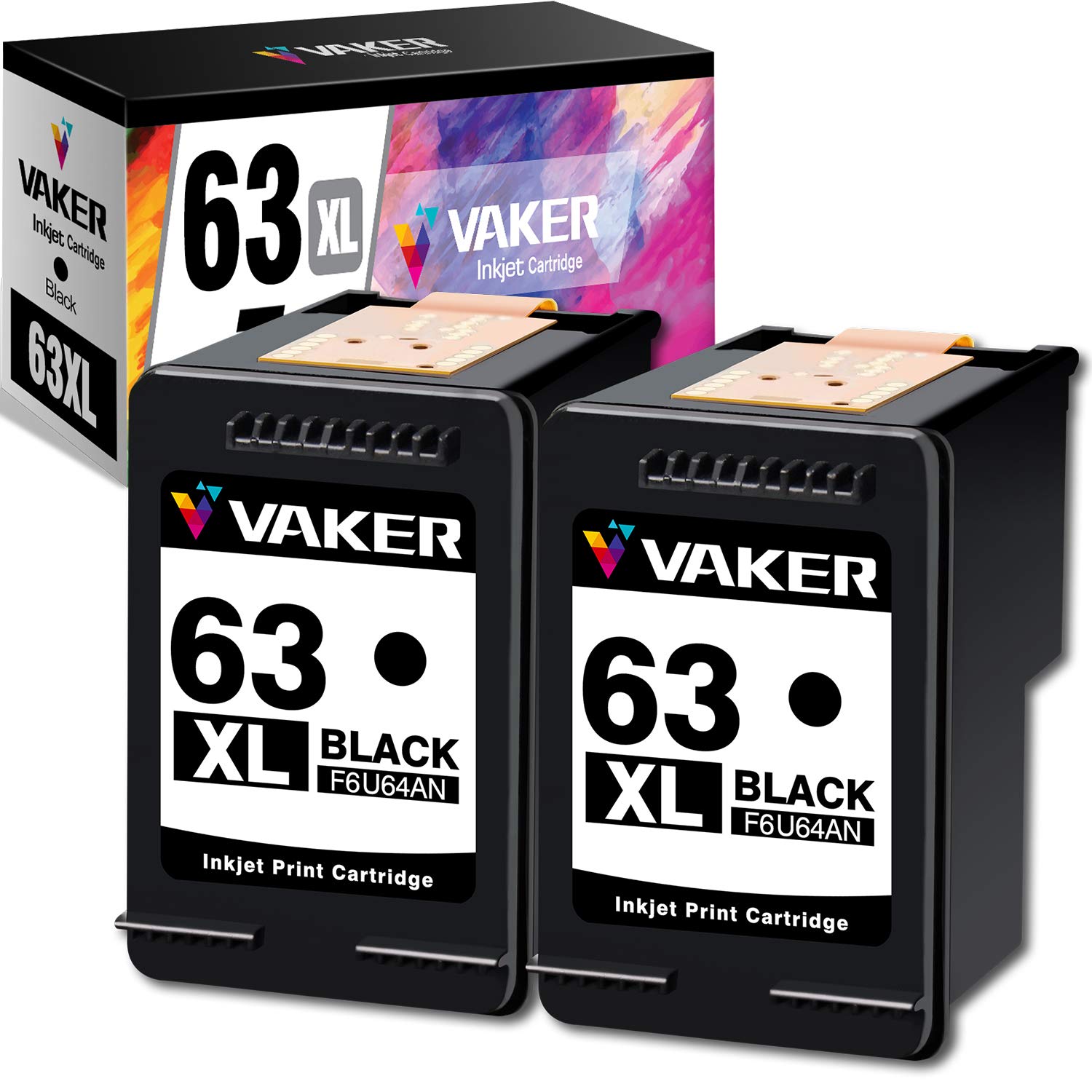 VAKER Remanufactured HP 63 & 63XL Ink Cartridge Combo Pack (2 Black) - Compatible with OfficeJet 3830/5255/5258/5200/4650/4655, Envy 4520/4510, DeskJet 3631/3632/3634/3639 Printers - Perfect for Home Office Printing & School Projects