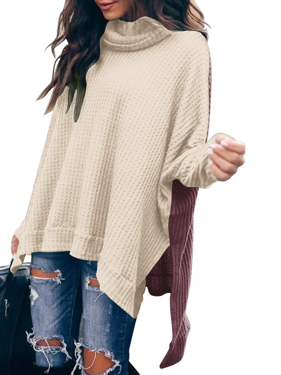 Caracilia Women's Oversized Turtle Neck Batwing Sleeve Waffle Knit Pullover Sweater - Loose Fit High-Low Tunic Top for Casual Wear & Winter Fashion