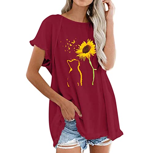 Women's Summer Casual Tassel Round Neck Short Sleeve T-Shirt with Cute Cat Print - Trendy Animal Graphic Top for Beach, Vacation & Everyday Wear