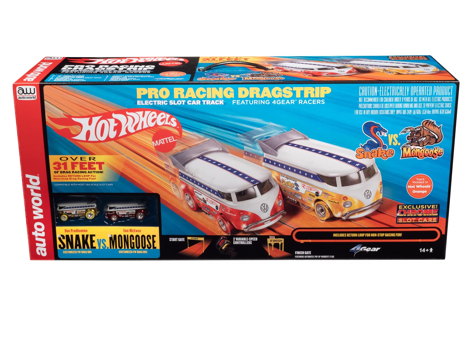 Auto World 31' Hot Wheels Snake vs Mongoose Pro Racing Dragstrip Track Set - AW Exclusive HO Scale Die-Cast Model Cars for Collectors & Racing Enthusiasts - Perfect for Display, Play & Competitive Racing Scenes