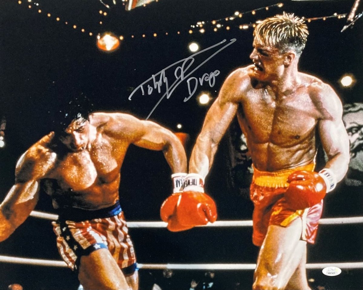 Dolph Lundgren Autographed 16x20 Rocky IV Drago Punch Photo - JSA ITP Certified - Perfect for Movie Memorabilia Collectors & Boxing Fans Display