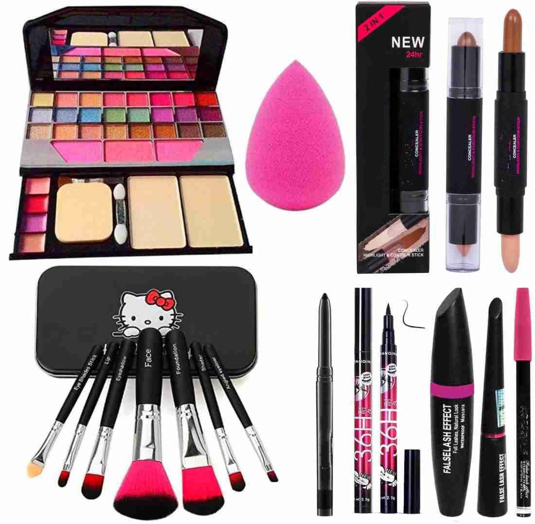 BELLAS Tya 6155 Professional 15-Piece Multicolor Makeup Kit with 7 Black Brushes, Contour Stick, Kajal, Beauty Blender & 3-in-1 Eyeliner Mascara Eyebrow Pencil - Perfect for Travel, Bridal & Everyday Makeup Looks