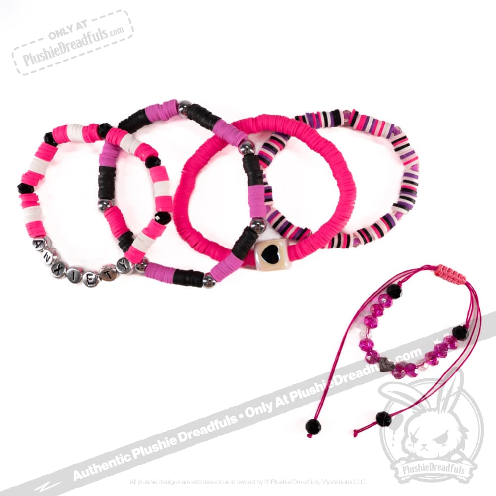 Plushie Dreadfuls Pink Anxiety Rabbit Stacking Friendship Bracelet - Cute Stress Relief Gift for Women, Girls | Anxiety Awareness, Self-Care, BFF Matching Jewelry