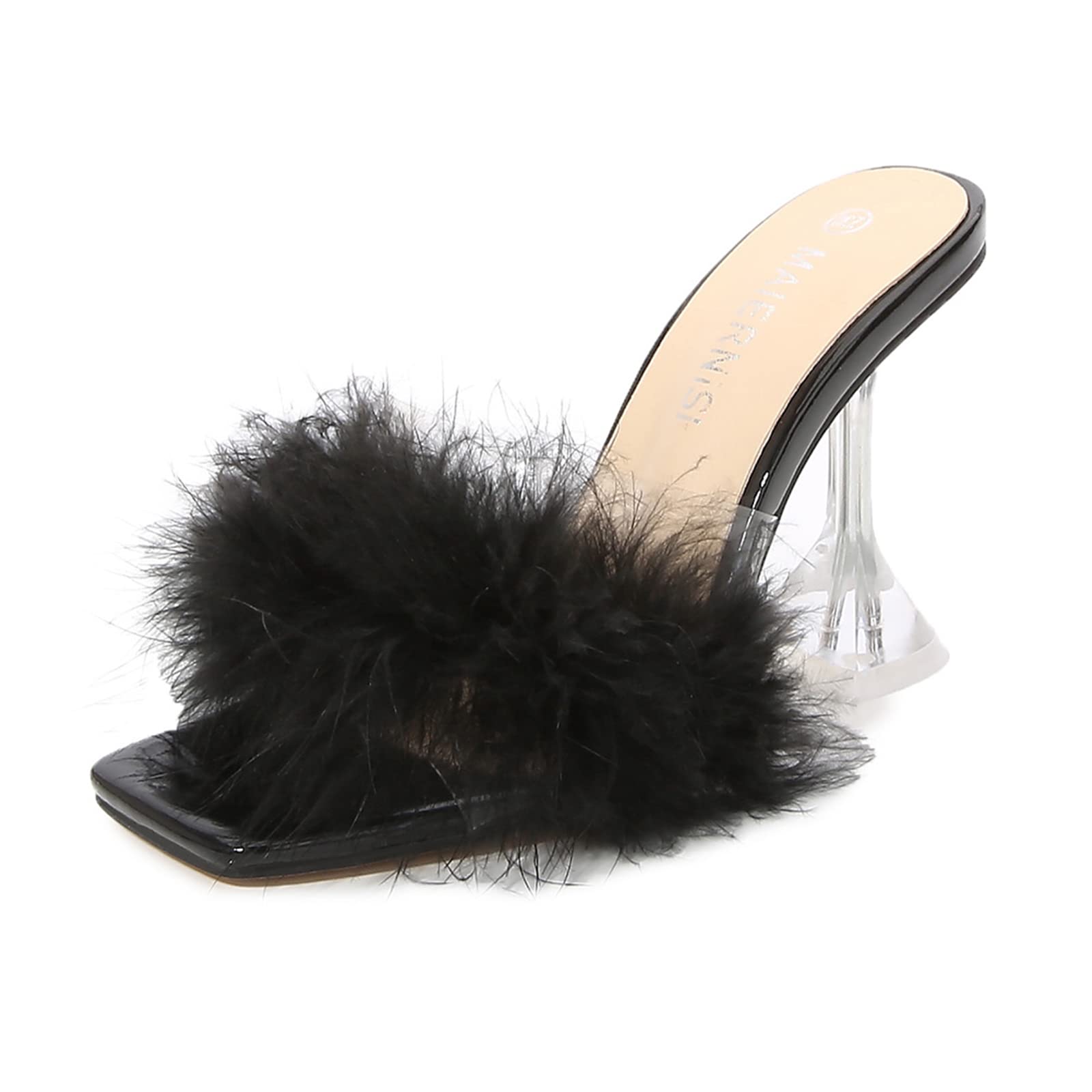 Women's Sexy Clear Crystal Stiletto High Heel Sandals - 9cm Open Toe Feather Fluffy Mules Pumps for Nightclub Party, Wedding, Bridesmaid & Evening Dress (Black, Size 41) | Perfect for Club Nights, Cocktail Parties & Special Occasions