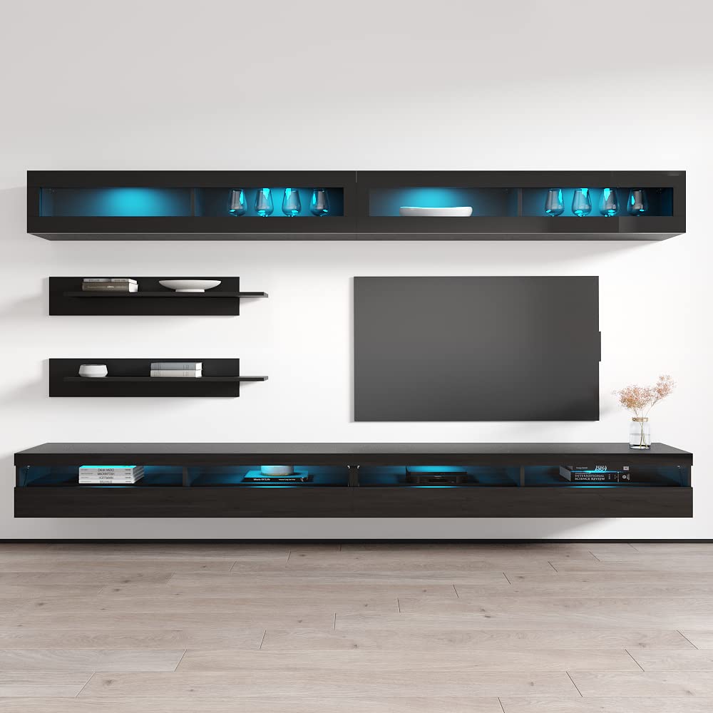 Modern Floating TV Stand with Storage & LED Lights - Wall-Mounted Entertainment Center Console for Bedroom & Living Room - 35