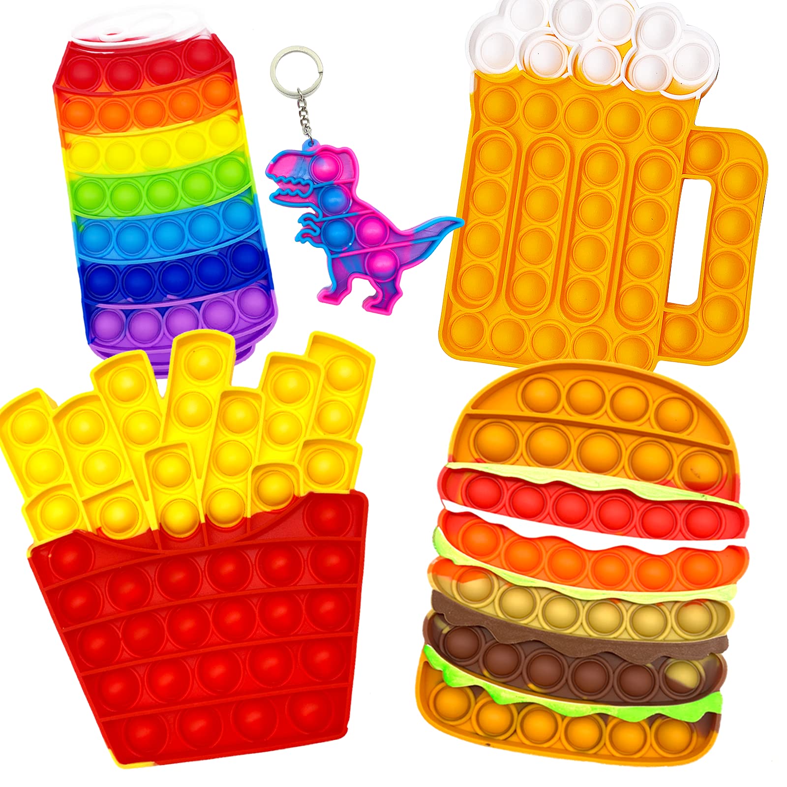 QETRABONE 5-Piece Hamburger Pop Fidget Toy Set - French Fries & Beer Bubble Popper Sensory Toys - Dinosaur Keychain Stress Relief for Kids & Adults - Anti-Anxiety Autism ADHD Fidgets - Perfect for Office, Classroom, Travel and Home Relaxation