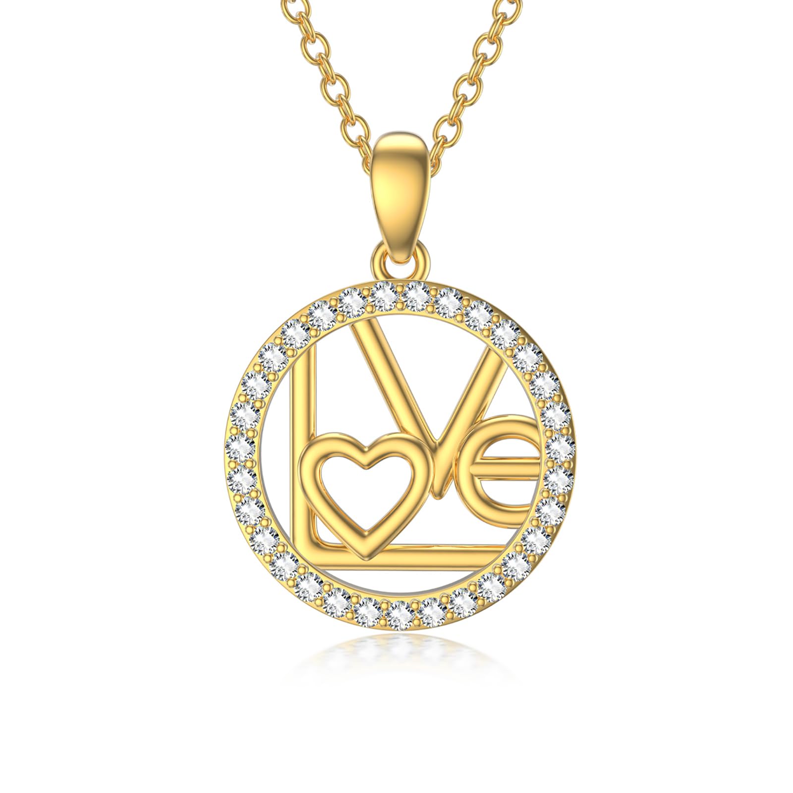 14K Gold LOVE Necklace for Women & Girls - Real Gold Round Circle Pendant with 16+1+1 Inch Chain - Romantic Jewelry Gift for Birthday, Christmas, Anniversary & Valentine's Day - Perfect for Date Nights, Proposals & Special Occasions