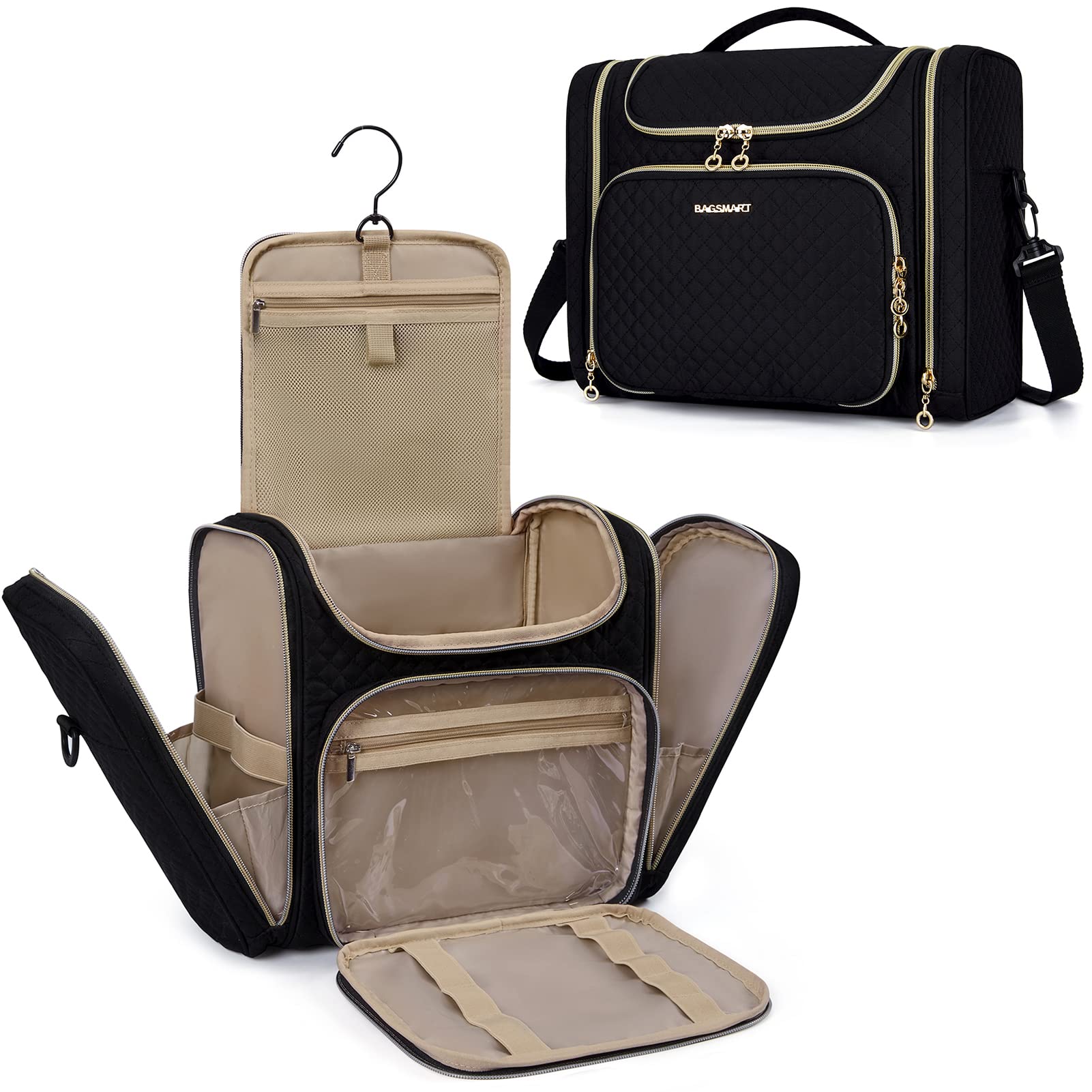 BAGSMART Waterproof Travel Toiletry Bag for Women - Large Cosmetic Makeup Organizer with Multiple Pockets for Toiletries & Beauty Essentials (Black) | Perfect for Vacation, Business Trips & Gym Use
