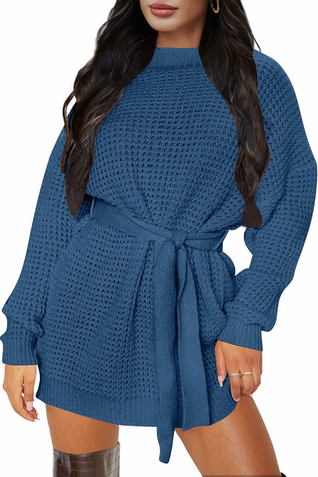 ZESICA Women's Long Sleeve Waffle Knit Tie Waist Tunic Sweater Dress - Casual Fall Winter Pullover for Office, Date Night & Holiday Outfits
