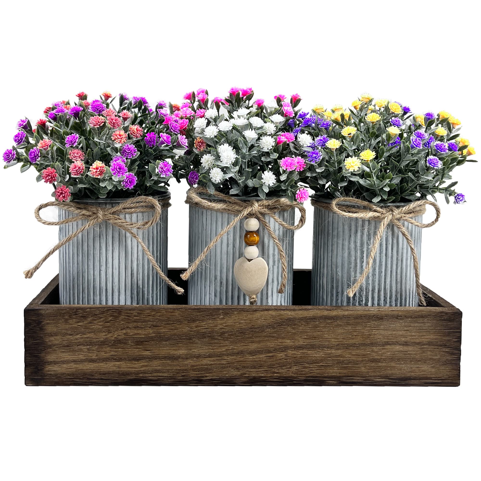 HEMYLU Artificial Baby's Breath Flowers - Rustic Farmhouse Table Centerpiece with Wood Planter Box & 3 Galvanized Metal Pots for Dining Room Decor | Perfect for Wedding, Home, and Restaurant Decoration