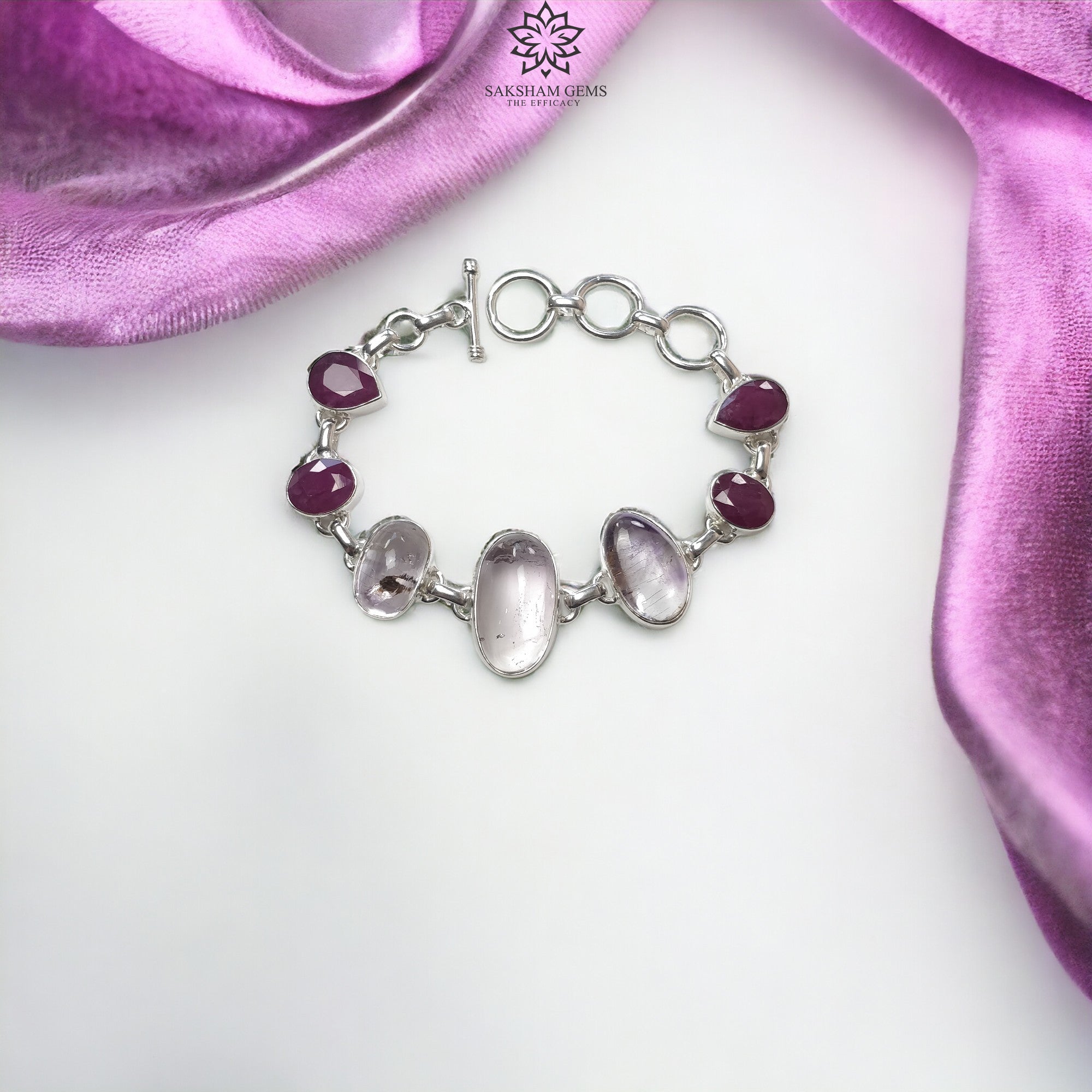 925 Sterling Silver Bracelet with Natural Purple Amethyst & Glass-Filled Red Ruby Gemstones - Rhodium Plated Bezel Set Bracelet (8